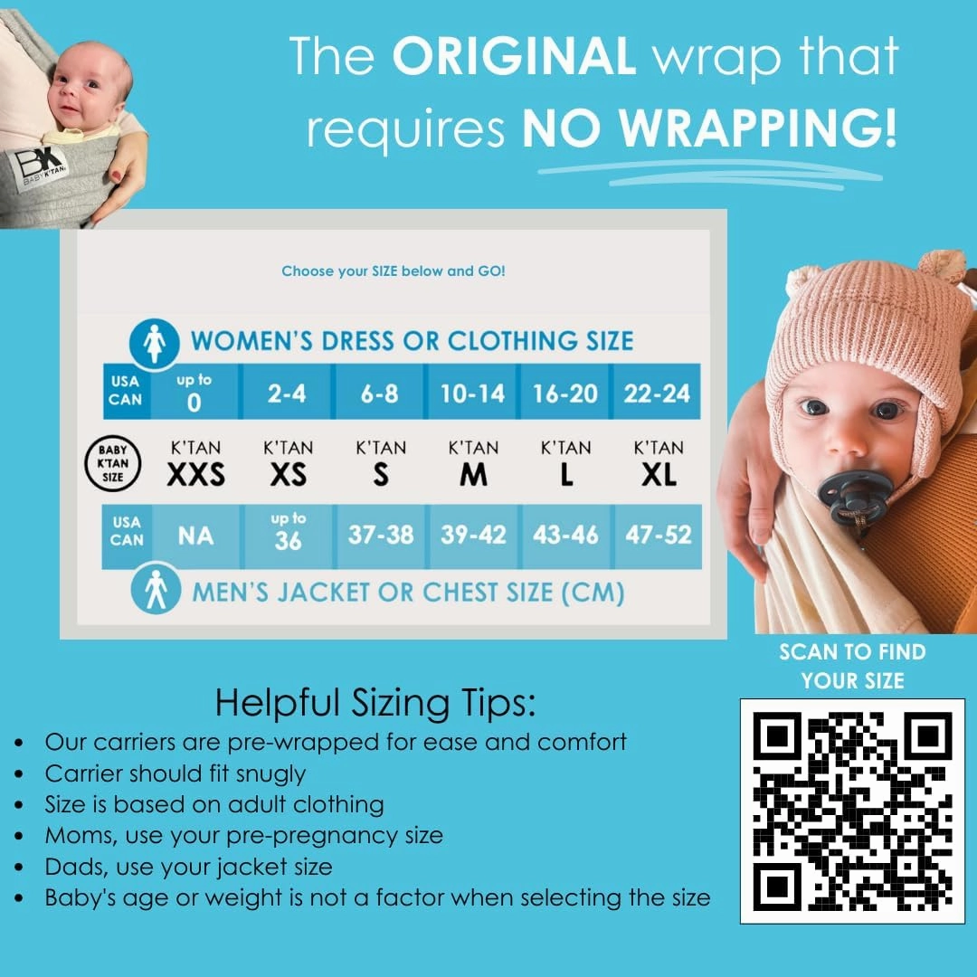 Plus-Size Original Baby K'tan Baby Carrier: #1 Easy Pre-Wrapped, Slip-On, No Rings, No Buckles | 5 in 1 Baby Sling Gift | Hands Free Infant Wrap - Newborn to Toddler up to 35lb Women 22-24, Men 47-52