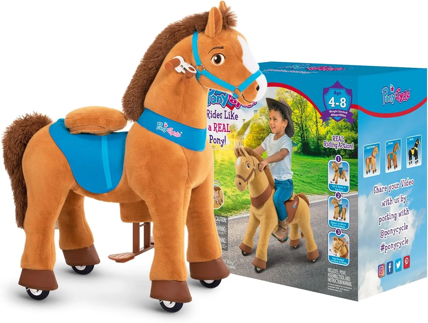Pony Cycle Riding Toy Ride on Toys Horse Rocking Horse, Size 4 for Age 4-7, Pony Rider Spirit Horse Toys No Battery or Electricity, Plush Animal Giddy up Riding Horse Toys Brown E437