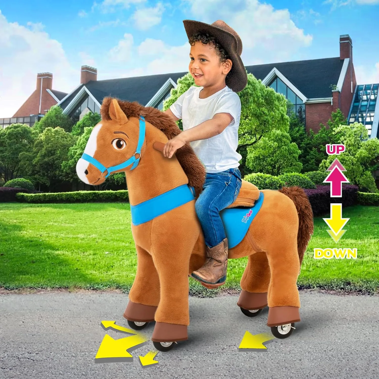 Pony Cycle Riding Toy Ride on Toys Horse Rocking Horse, Size 4 for Age 4-7, Pony Rider Spirit Horse Toys No Battery or Electricity, Plush Animal Giddy up Riding Horse Toys Brown E437