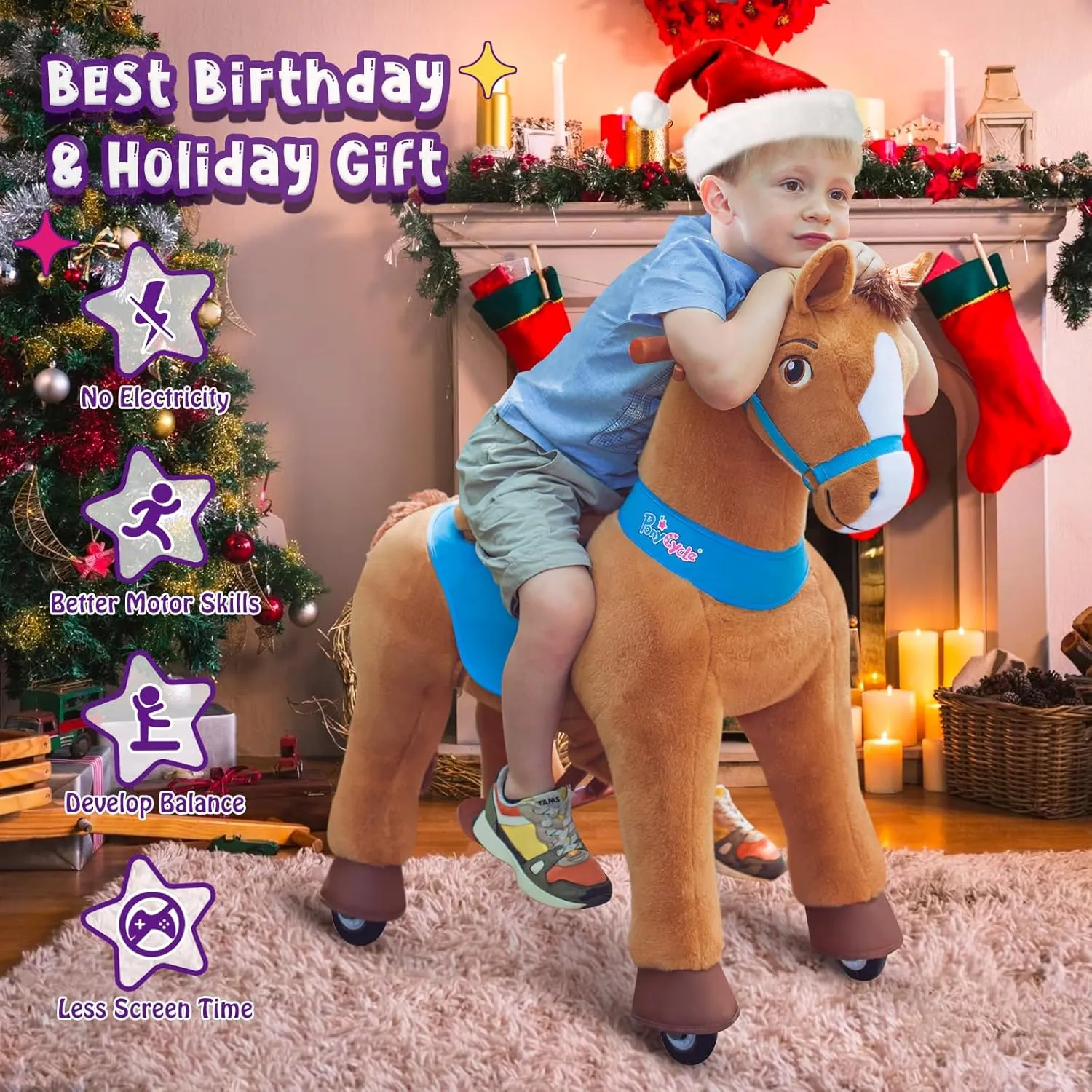 Pony Cycle Riding Toy Ride on Toys Horse Rocking Horse, Size 4 for Age 4-7, Pony Rider Spirit Horse Toys No Battery or Electricity, Plush Animal Giddy up Riding Horse Toys Brown E437