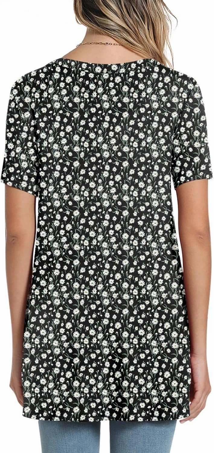 POPYOUNG Women's Summer Long Tunic Top To Wear With Leggings Short Sleeve Shirt Loose Fit Dressy