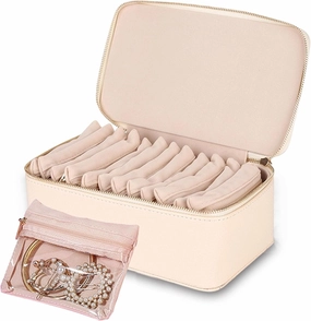 Portable PU Leather Jewelry Organizer Box with 12 Small Pouches, For Girls Womens Earring Necklace Rings Bracelets Bags,Travel Jewelry Box with Small Velvet Pouches, Graduation Gifts Wedding (Beige)
