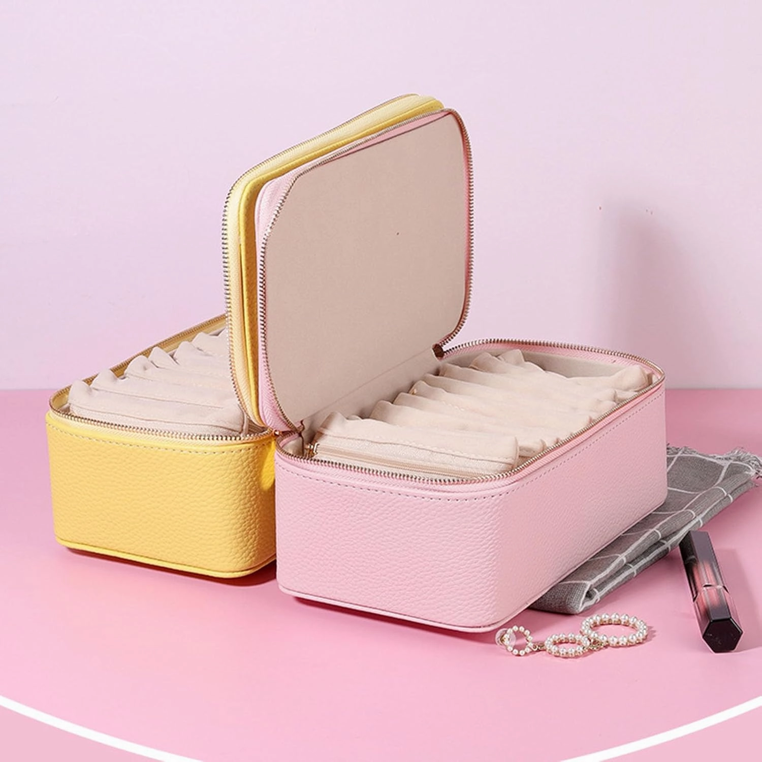 Portable PU Leather Jewelry Organizer Box with 12 Small Pouches, For Girls Womens Earring Necklace Rings Bracelets Bags,Travel Jewelry Box with Small Velvet Pouches, Graduation Gifts Wedding (Beige)