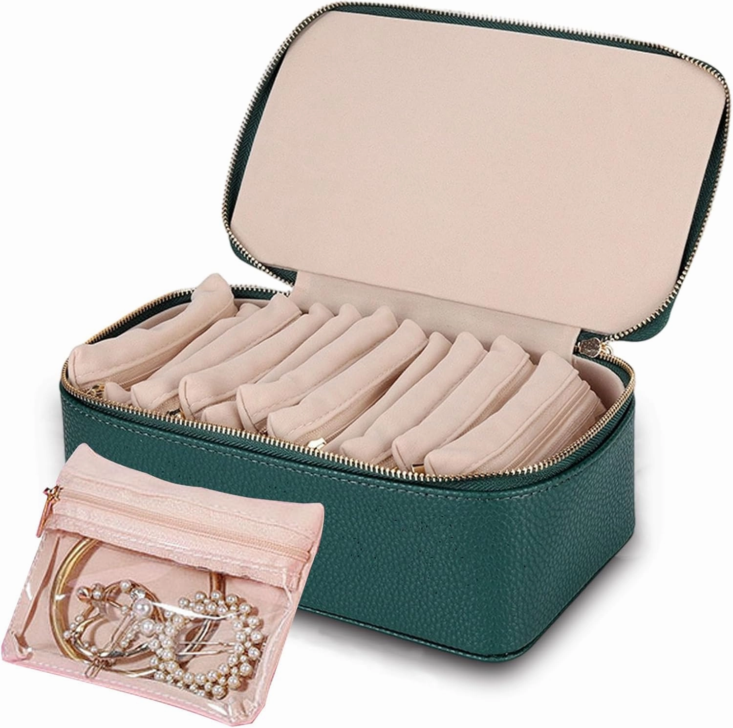 Portable PU Leather Jewelry Organizer Box with 12 Small Pouches, For Girls Womens Earring Necklace Rings Bracelets Bags,Travel Jewelry Box with Small Velvet Pouches, Graduation Gifts Wedding (Green)