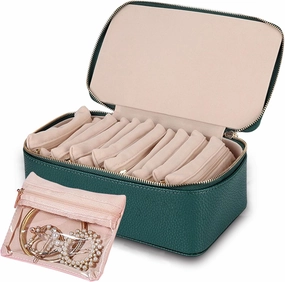 Portable PU Leather Jewelry Organizer Box with 12 Small Pouches, For Girls Womens Earring Necklace Rings Bracelets Bags,Travel Jewelry Box with Small Velvet Pouches, Graduation Gifts Wedding (Green)