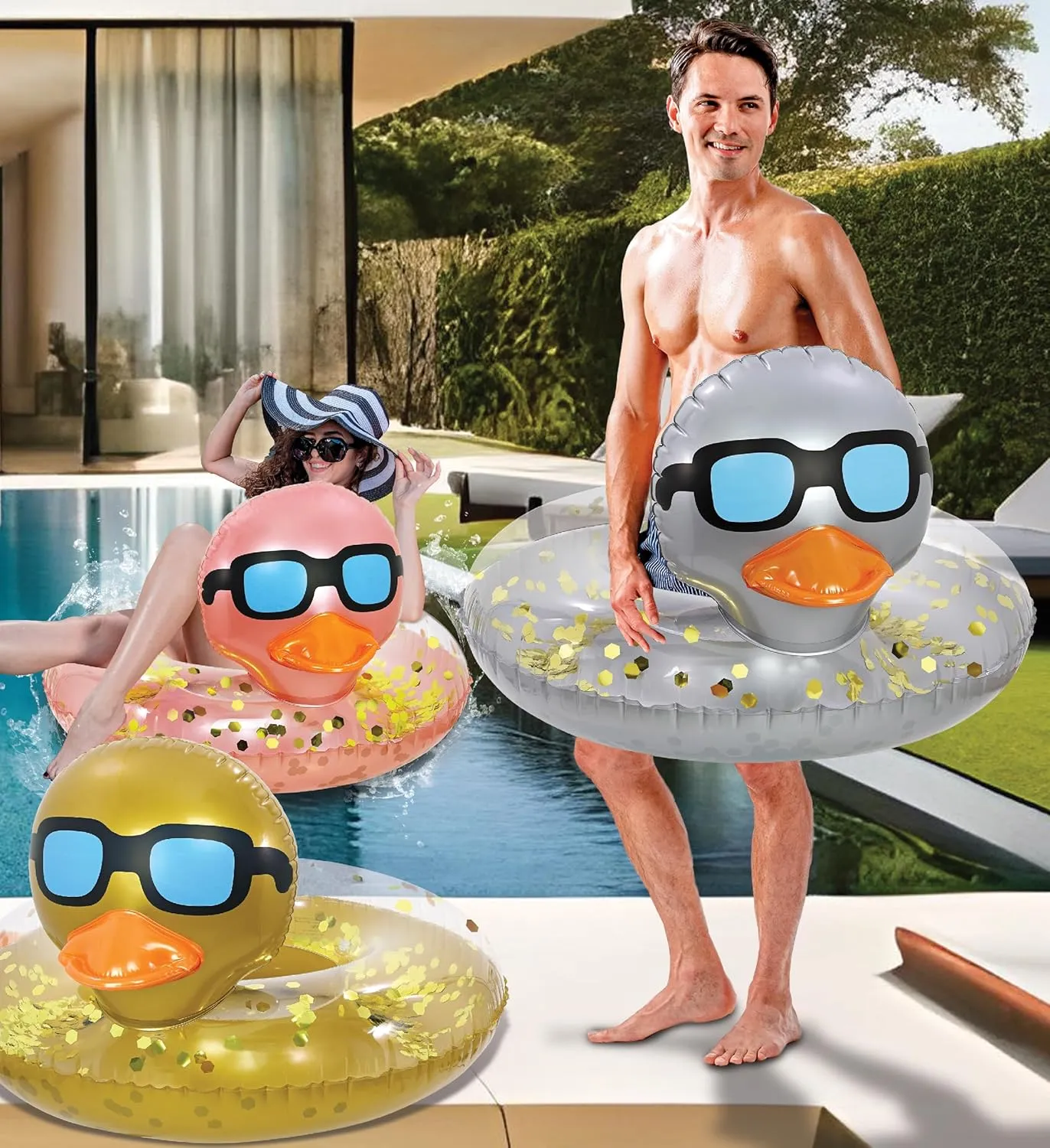 POZA Inflatable Duck Pool Float Tube- Heavy Duty Vinyl UV Resistant Confetti Pool Duck Floatie, Animal Pool Float Swim Ring Pool Inflatables for Kids and Adults for Beach, Party, Vacation