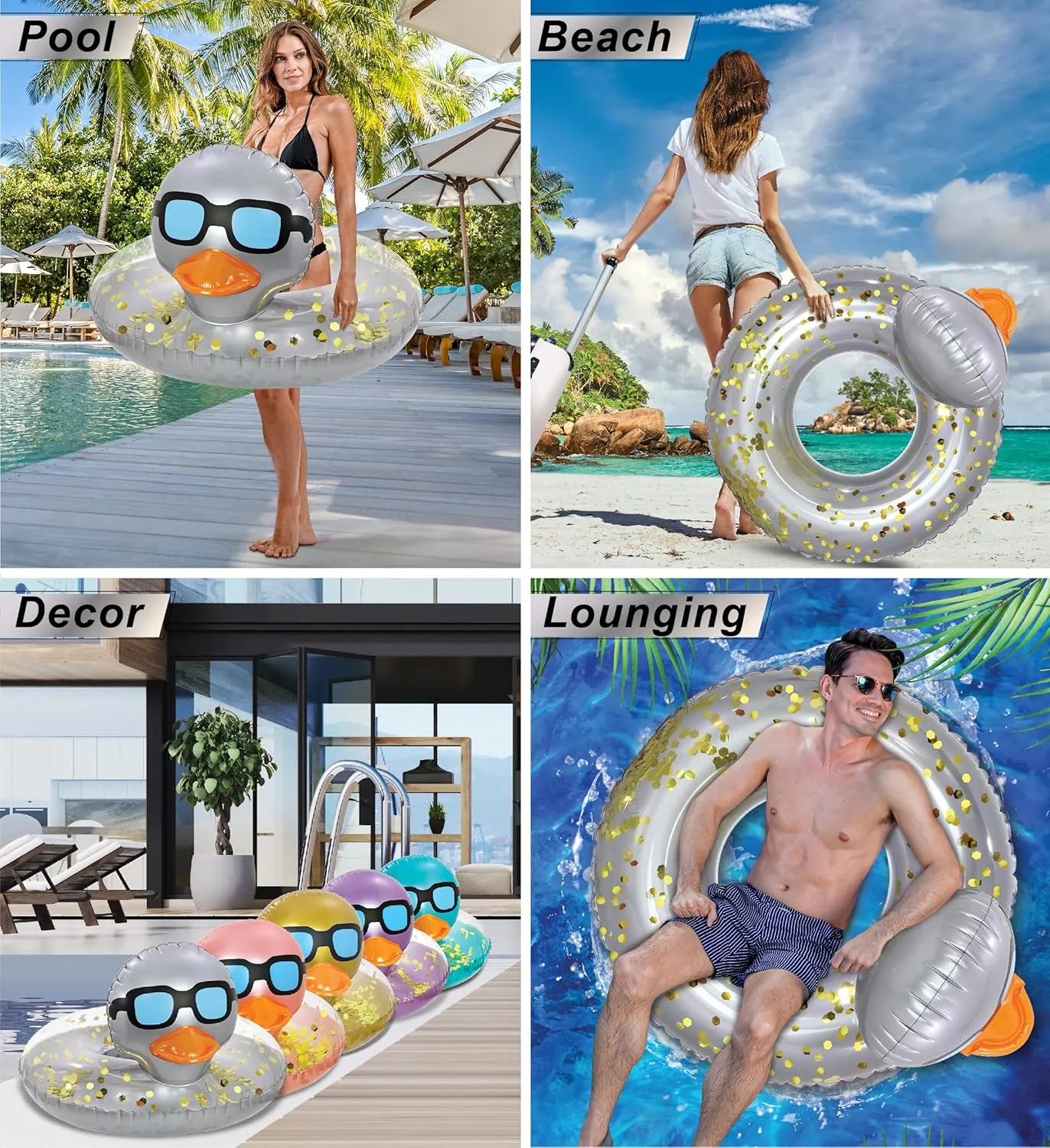 POZA Inflatable Duck Pool Float Tube- Heavy Duty Vinyl UV Resistant Confetti Pool Duck Floatie, Animal Pool Float Swim Ring Pool Inflatables for Kids and Adults for Beach, Party, Vacation