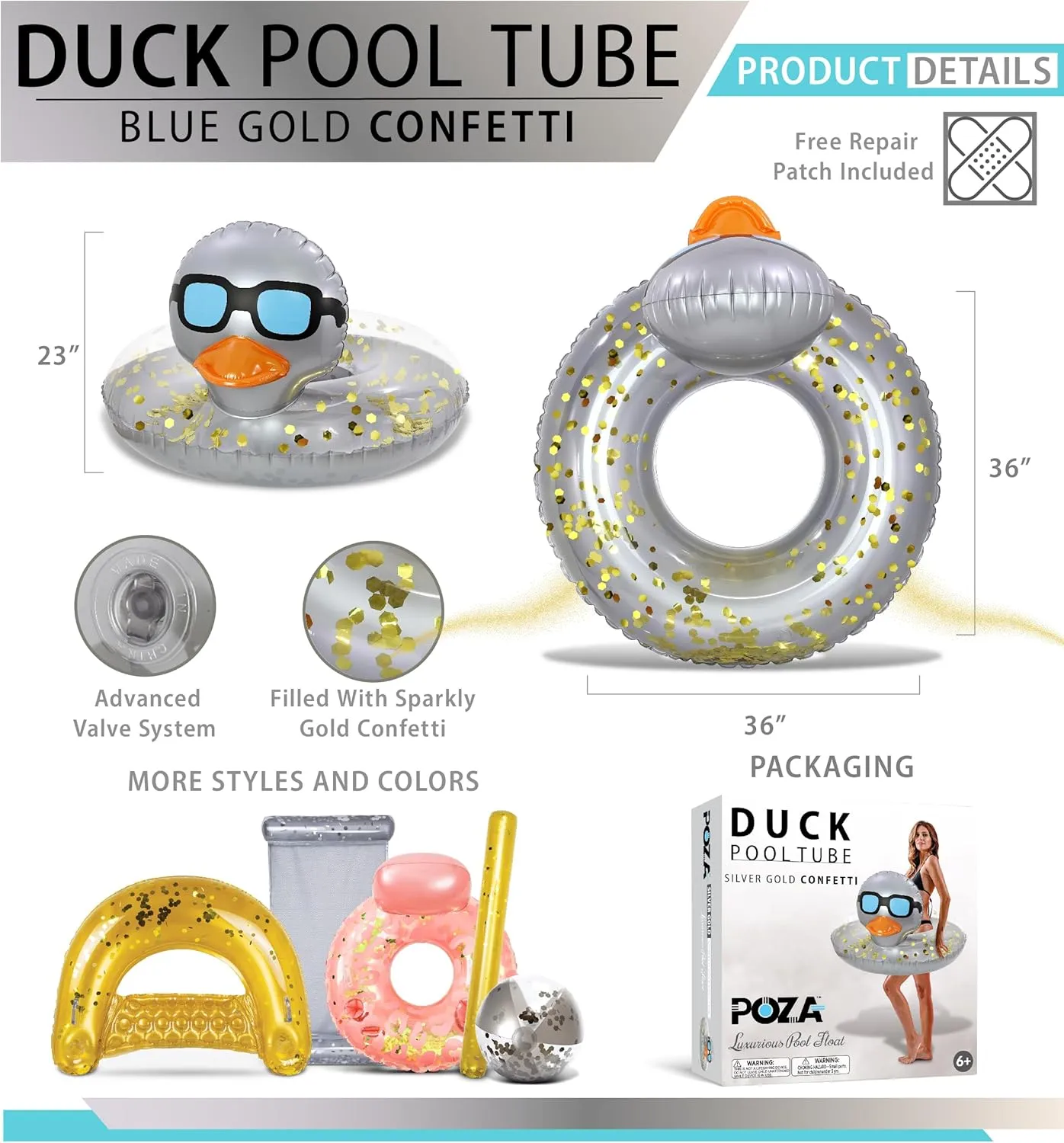 POZA Inflatable Duck Pool Float Tube- Heavy Duty Vinyl UV Resistant Confetti Pool Duck Floatie, Animal Pool Float Swim Ring Pool Inflatables for Kids and Adults for Beach, Party, Vacation