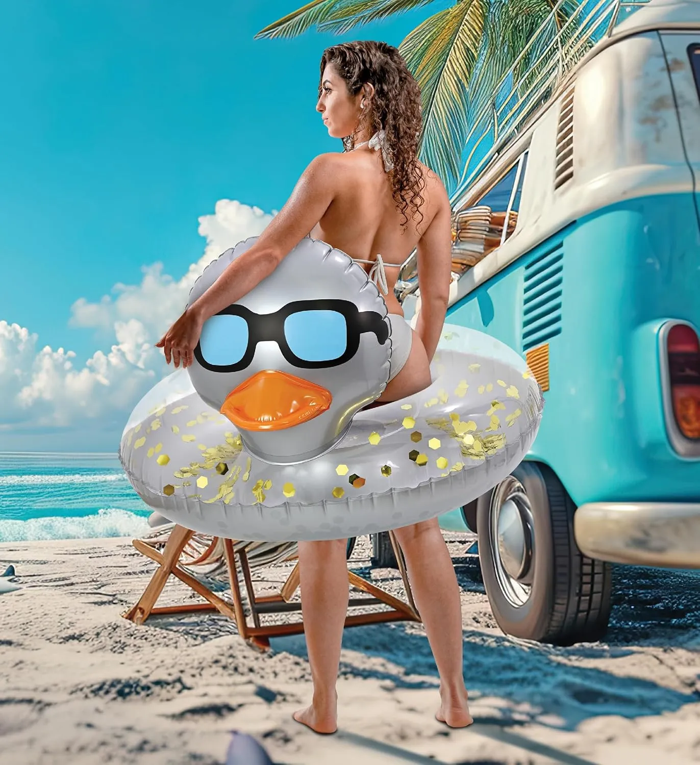 POZA Inflatable Duck Pool Float Tube- Heavy Duty Vinyl UV Resistant Confetti Pool Duck Floatie, Animal Pool Float Swim Ring Pool Inflatables for Kids and Adults for Beach, Party, Vacation