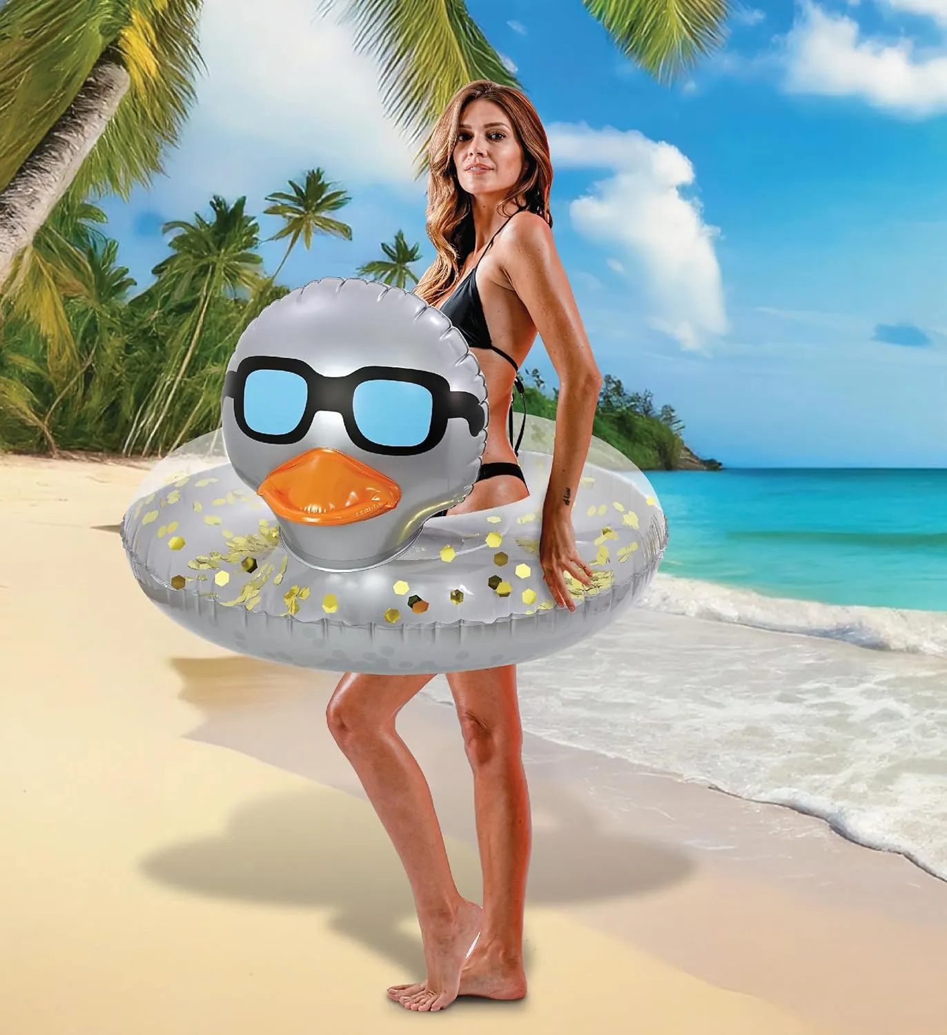POZA Inflatable Duck Pool Float Tube- Heavy Duty Vinyl UV Resistant Confetti Pool Duck Floatie, Animal Pool Float Swim Ring Pool Inflatables for Kids and Adults for Beach, Party, Vacation