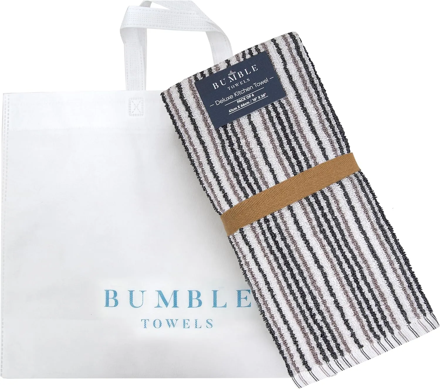 Premium Kitchen Towels (16”x 26”, 6 Pack) – Large Cotton Kitchen Hand Towels –Popcorn Stripe Design – 400 GSM Highly Absorbent Tea Towels Set with Hanging Loop (Grey)