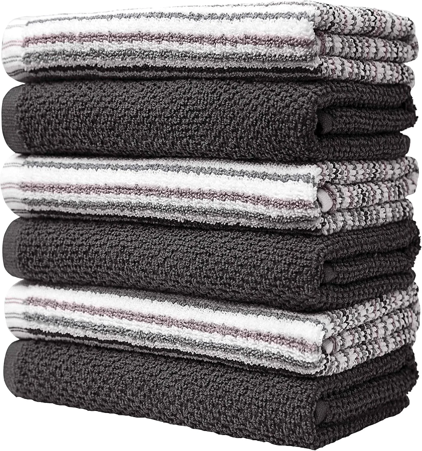 Premium Kitchen Towels (16”x 26”, 6 Pack) – Large Cotton Kitchen Hand Towels –Popcorn Stripe Design – 400 GSM Highly Absorbent Tea Towels Set with Hanging Loop (Grey)