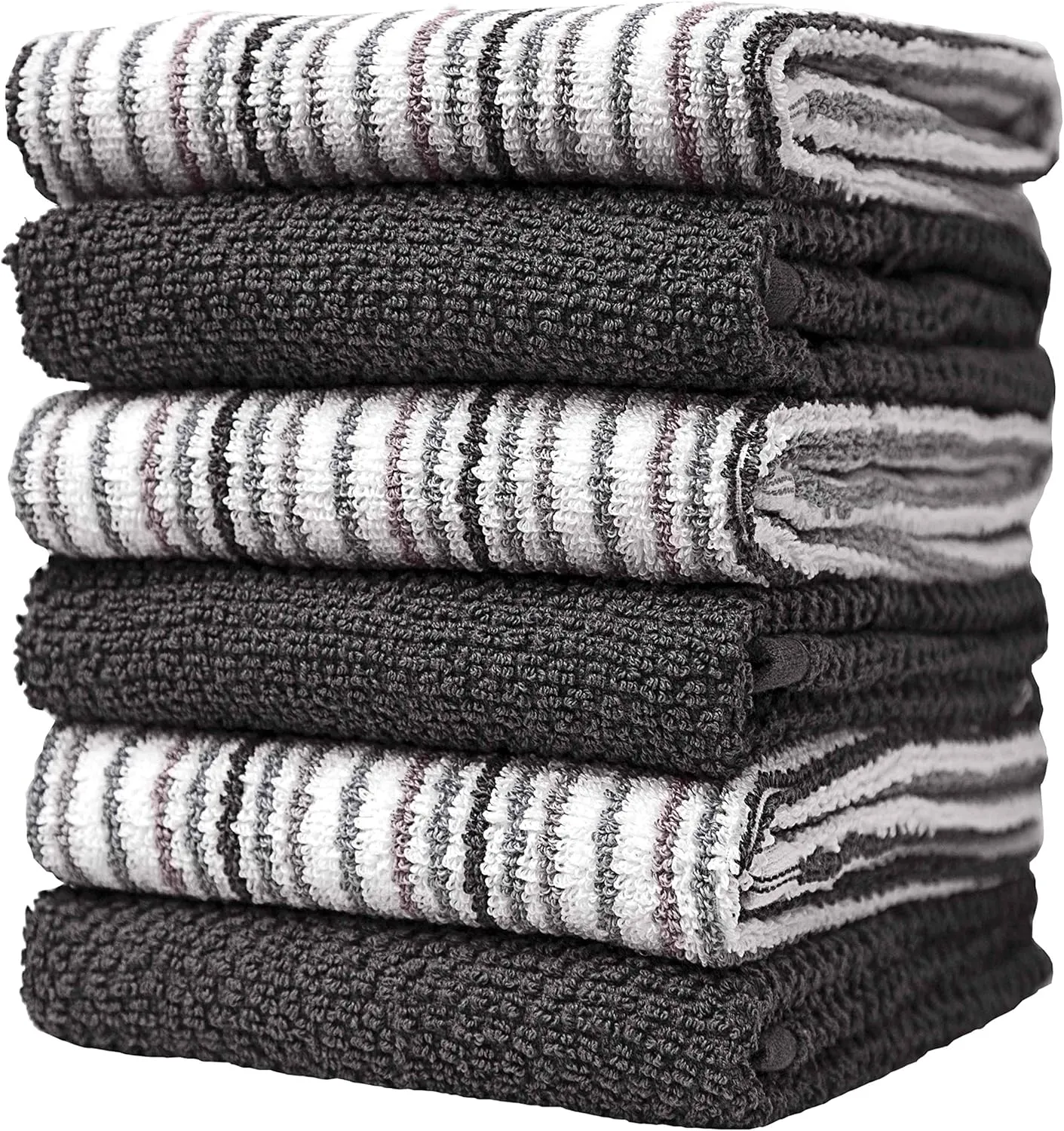 Premium Kitchen Towels (16”x 26”, 6 Pack) – Large Cotton Kitchen Hand Towels –Popcorn Stripe Design – 400 GSM Highly Absorbent Tea Towels Set with Hanging Loop (Grey)
