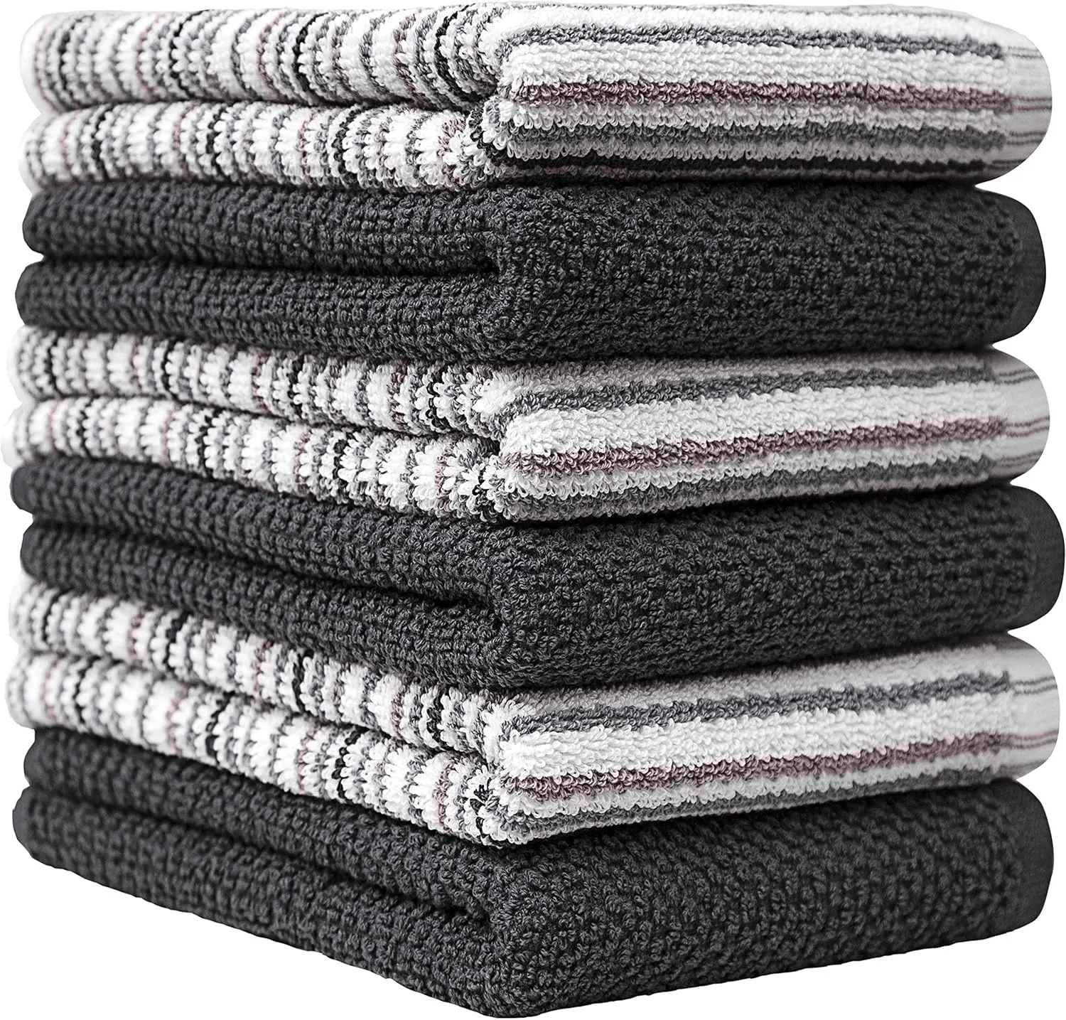 Premium Kitchen Towels (16”x 26”, 6 Pack) – Large Cotton Kitchen Hand Towels –Popcorn Stripe Design – 400 GSM Highly Absorbent Tea Towels Set with Hanging Loop (Grey)
