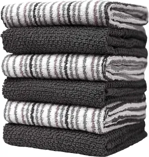 Premium Kitchen Towels (16”x 26”, 6 Pack) – Large Cotton Kitchen Hand Towels –Popcorn Stripe Design – 400 GSM Highly Absorbent Tea Towels Set with Hanging Loop (Grey)