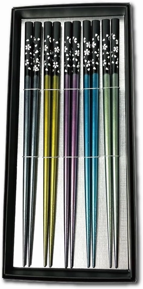 Premium Japanese Chopsticks Reusable 5prs Set [ Made in Japan ] Traditional Lacquer Art Wooden Chopsticks (Cherry Blossom(MK021))