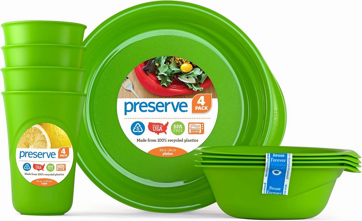Preserve Reusable BPA Free Everyday Tableware Set Made from Recycled Plastic: 4 Plates, 4 Bowls, 4 Cups, Apple Green