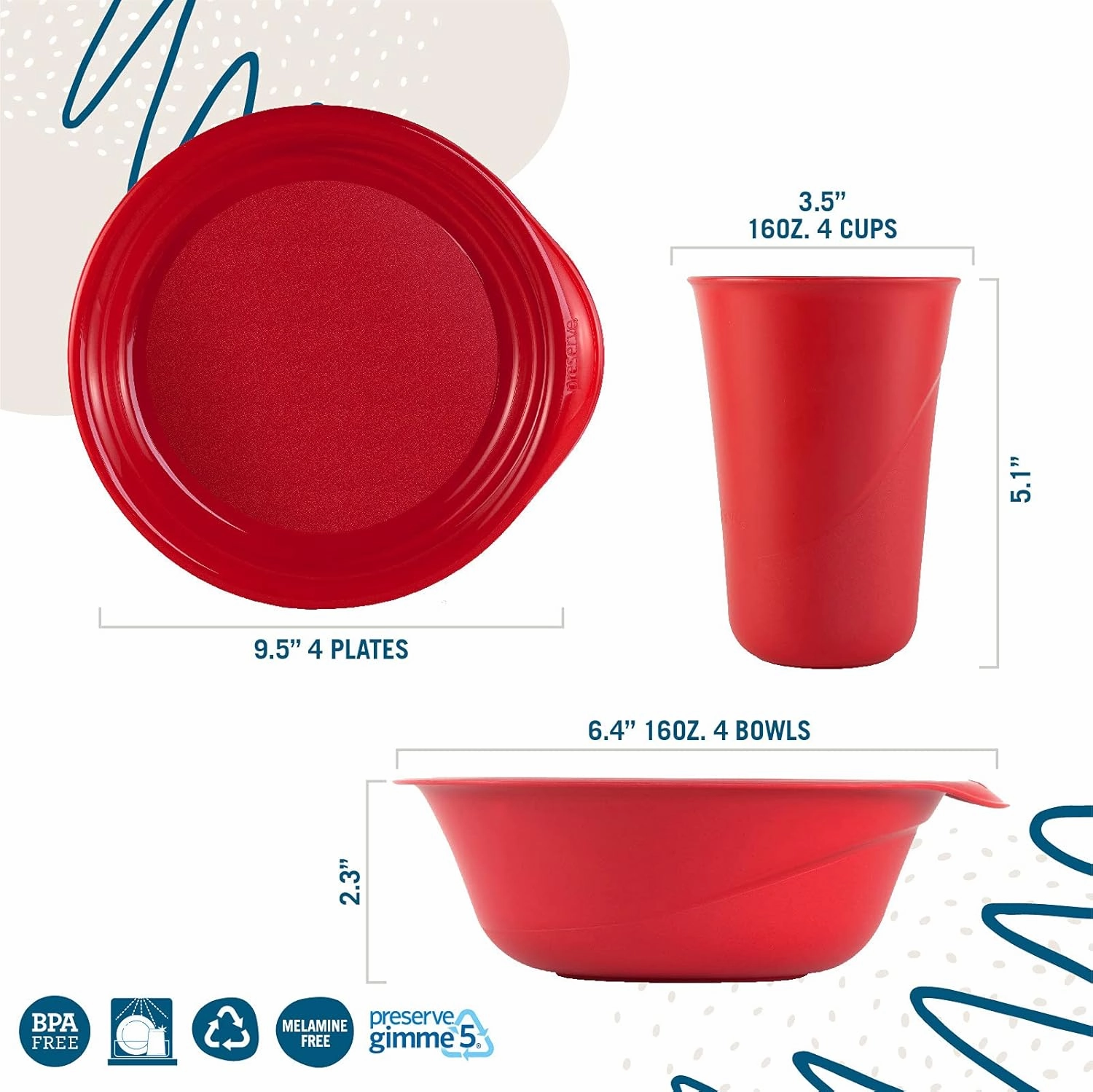 Preserve Reusable BPA Free Everyday Tableware Set Made from Recycled Plastic: 4 Plates, 4 Bowls, 4 Cups, Apple Green