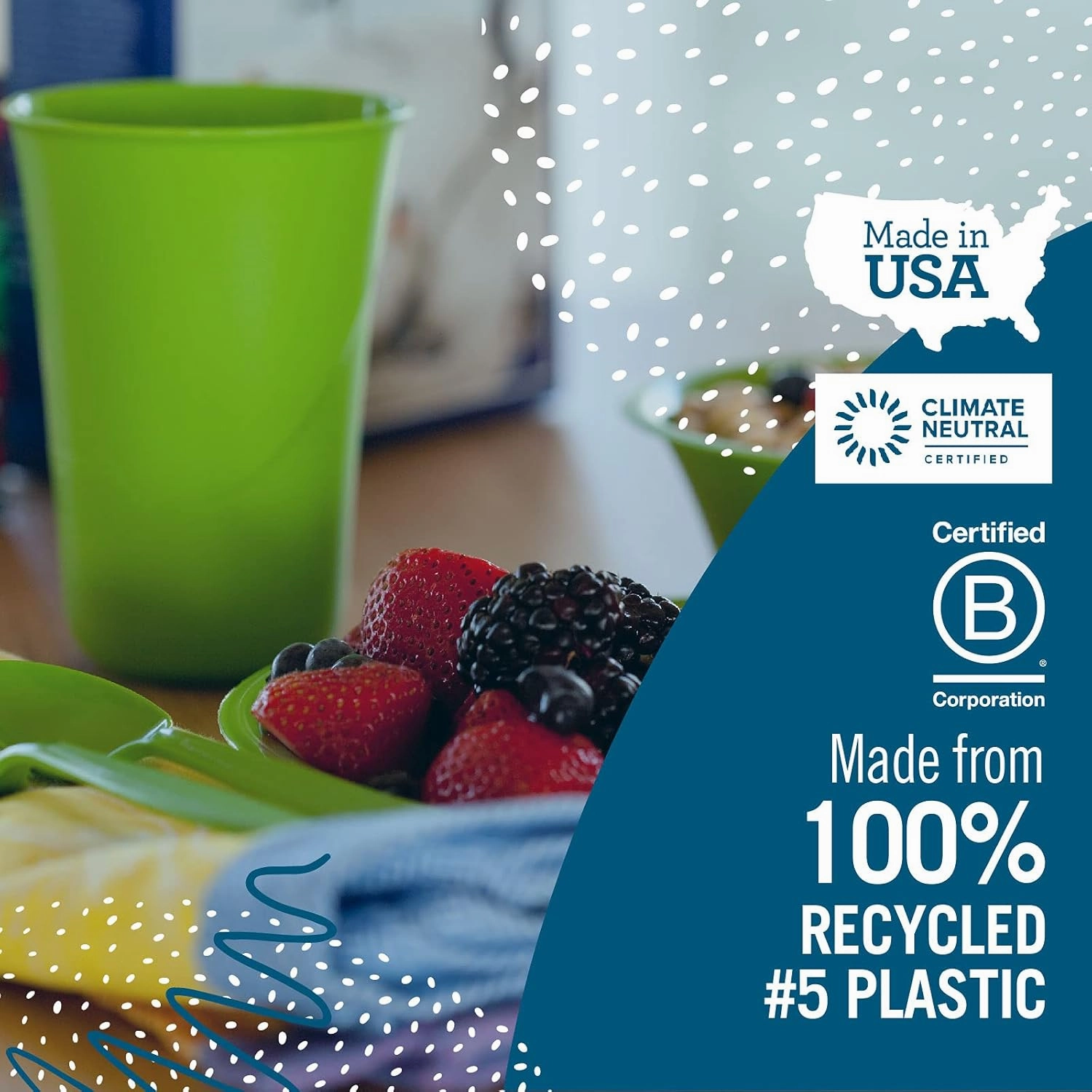 Preserve Reusable BPA Free Everyday Tableware Set Made from Recycled Plastic: 4 Plates, 4 Bowls, 4 Cups, Apple Green
