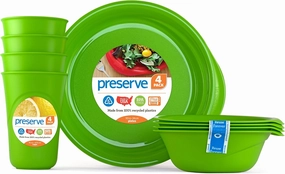 Preserve Reusable BPA Free Everyday Tableware Set Made from Recycled Plastic: 4 Plates, 4 Bowls, 4 Cups, Apple Green
