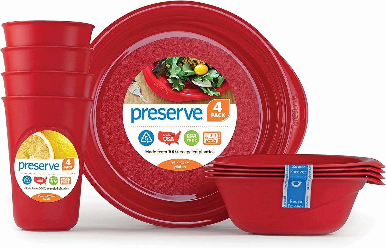 Preserve Reusable BPA Free Everyday Tableware Set Made from Recycled Plastic: 4 Plates, 4 Bowls, 4 Cups, Pepper Red