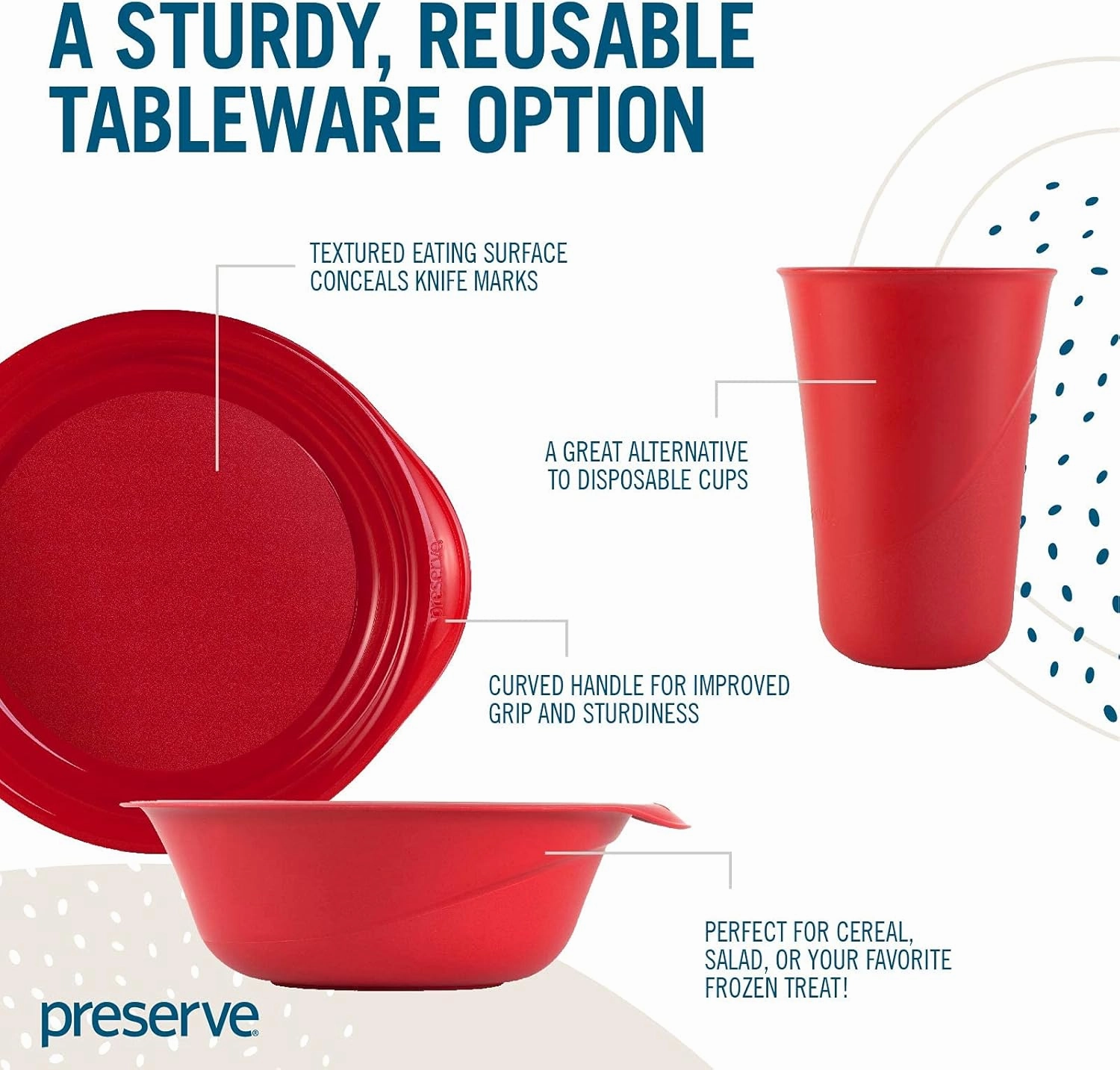 Preserve Reusable BPA Free Everyday Tableware Set Made from Recycled Plastic: 4 Plates, 4 Bowls, 4 Cups, Pepper Red