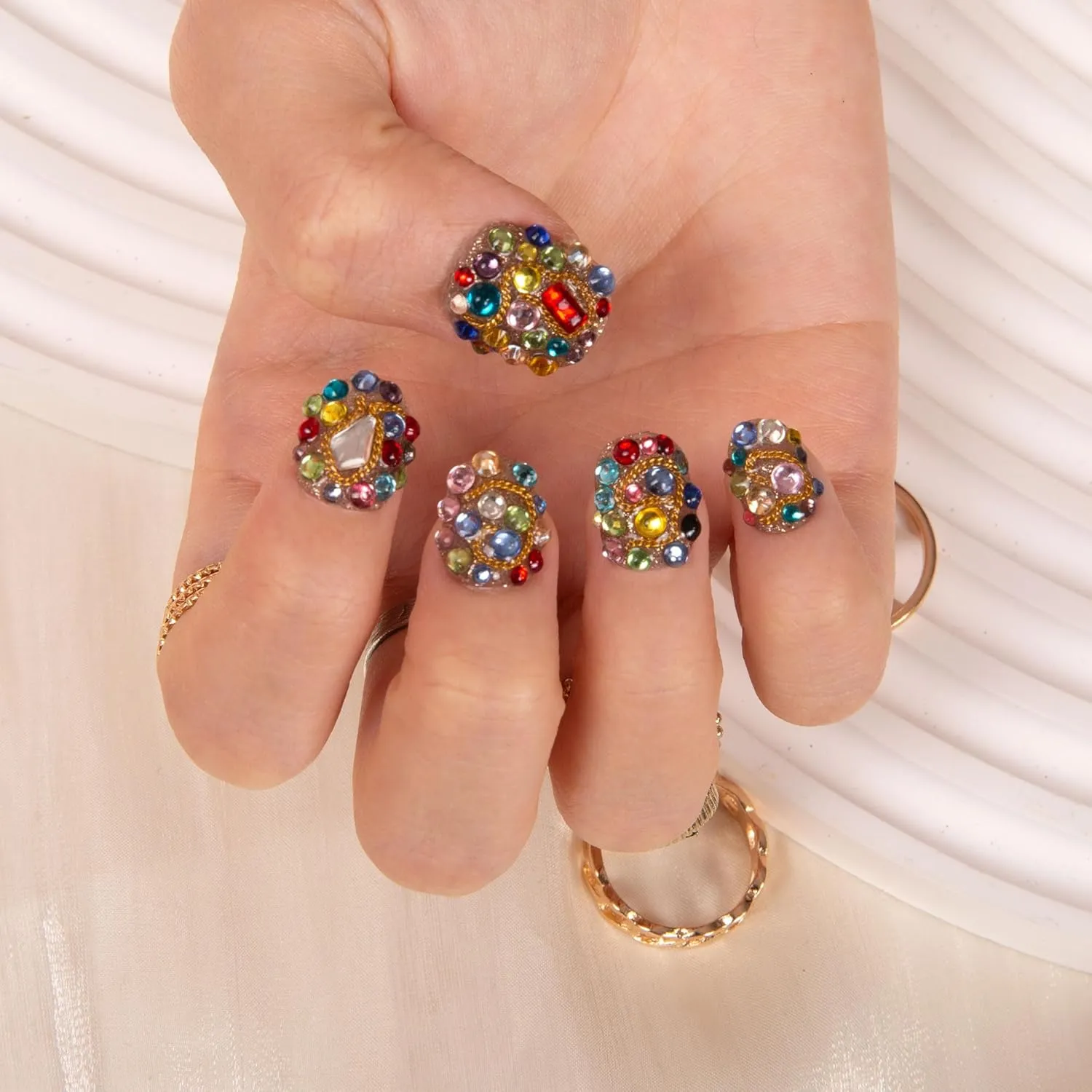 Press on Nails Rainbow Luxe | Handmade with Full Covered Crystals | Reusable Full Cover Nails | Square Short 0.8 in | K21(YH482)-L