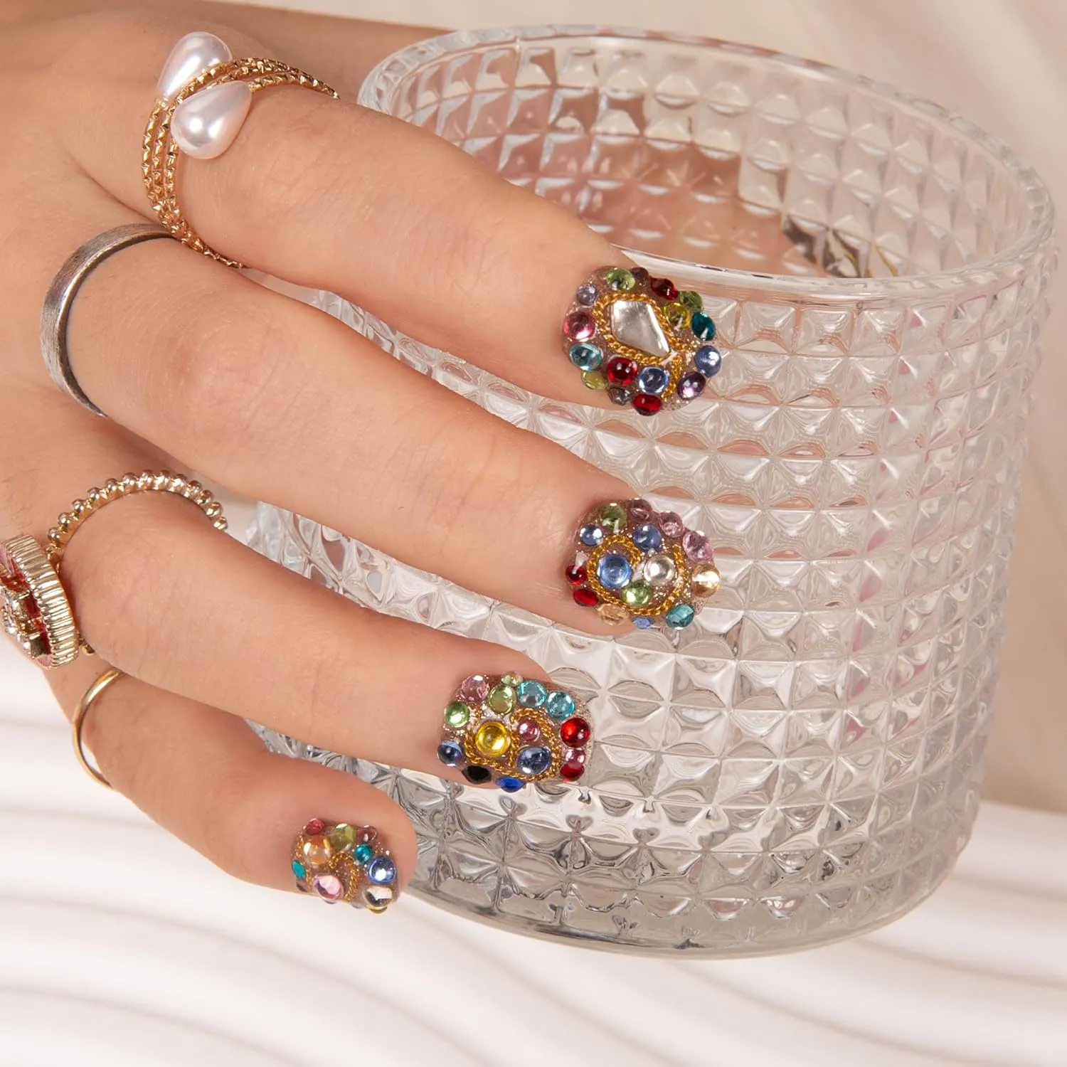 Press on Nails Rainbow Luxe | Handmade with Full Covered Crystals | Reusable Full Cover Nails | Square Short 0.8 in | K21(YH482)-L