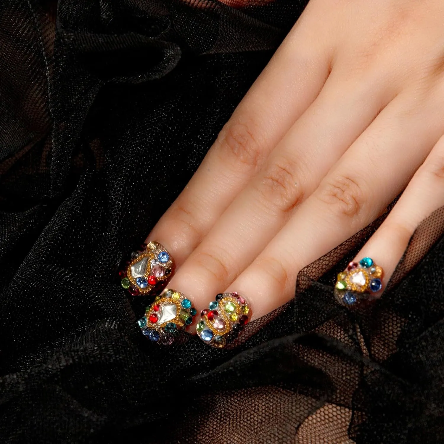 Press on Nails Rainbow Luxe | Handmade with Full Covered Crystals | Reusable Full Cover Nails | Square Short 0.8 in | K21(YH482)-L