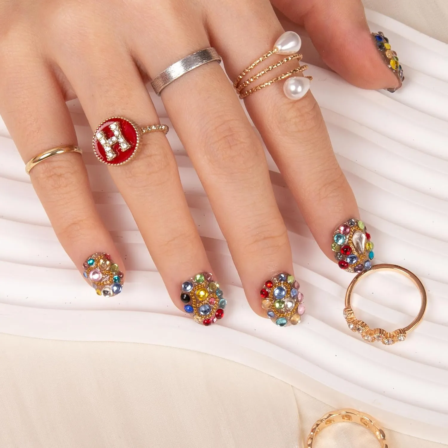 Press on Nails Rainbow Luxe | Handmade with Full Covered Crystals | Reusable Full Cover Nails | Square Short 0.8 in | K21(YH482)-L
