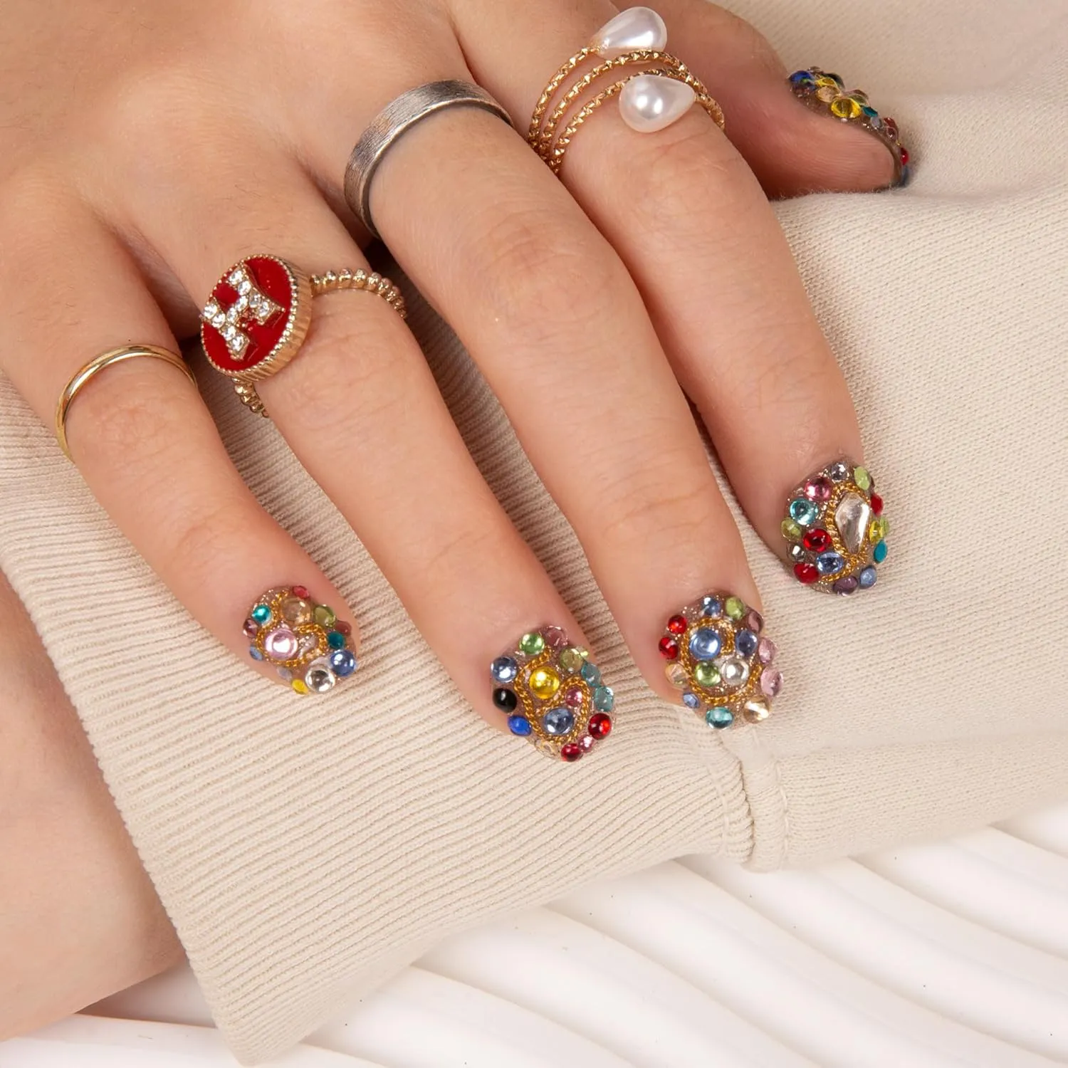 Press on Nails Rainbow Luxe | Handmade with Full Covered Crystals | Reusable Full Cover Nails | Square Short 0.8 in | K21(YH482)-L