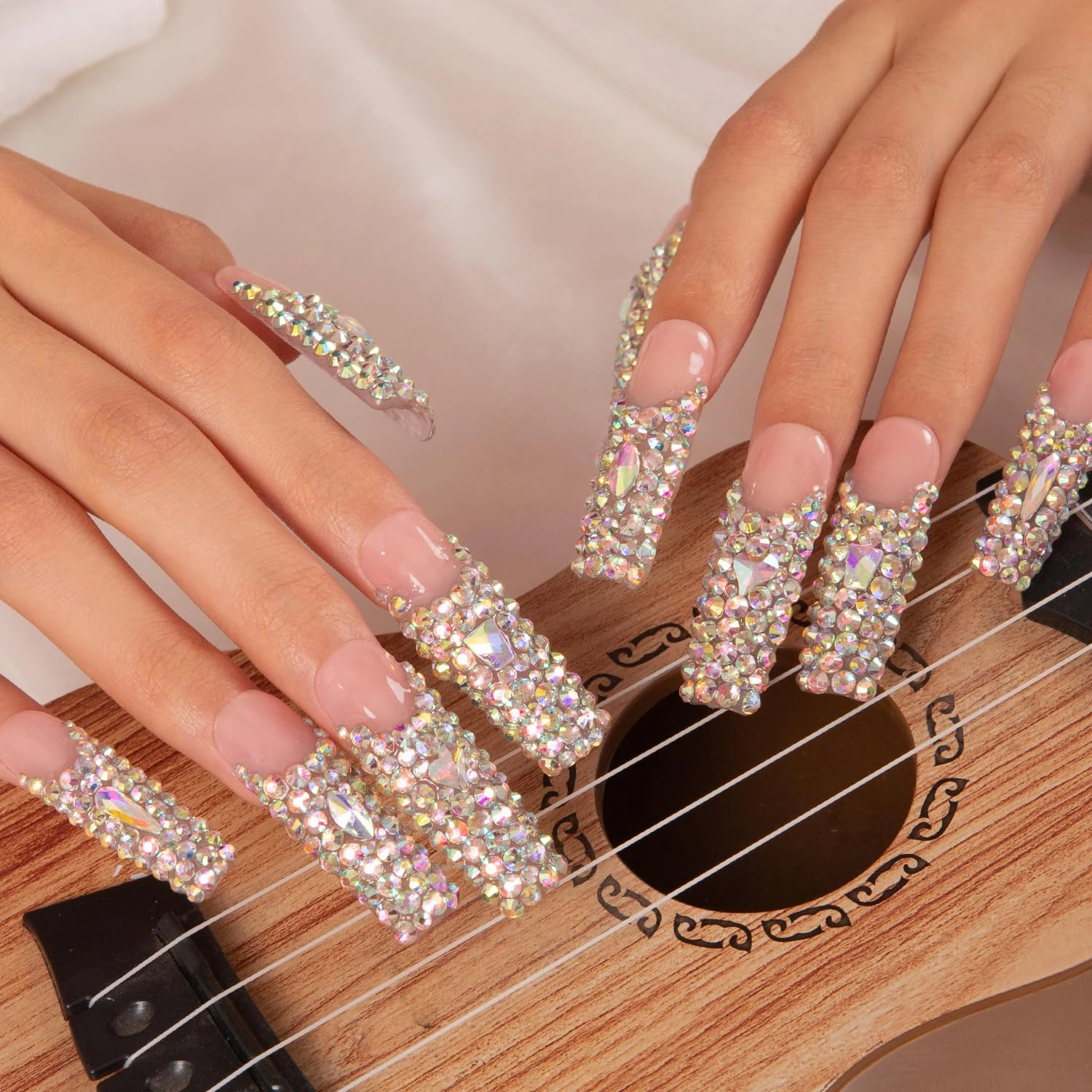 Press on Nails Angel's Tear Rhinestone | Handmade with Full Covered Crystals | Reusable Fake Nails | Square Mid length 1.7in | H48-S