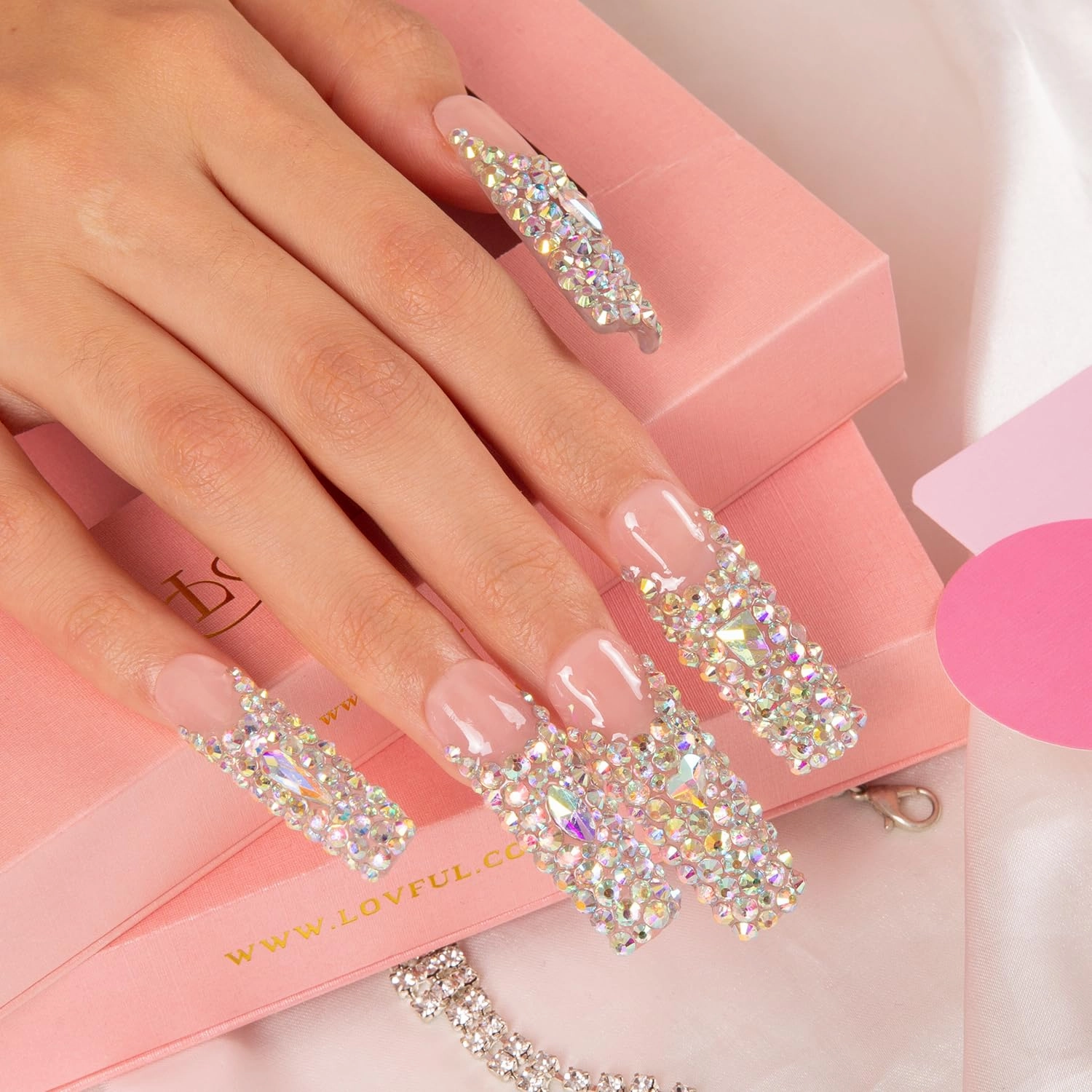 Press on Nails Angel's Tear Rhinestone | Handmade with Full Covered Crystals | Reusable Fake Nails | Square Mid length 1.7in | H48-S