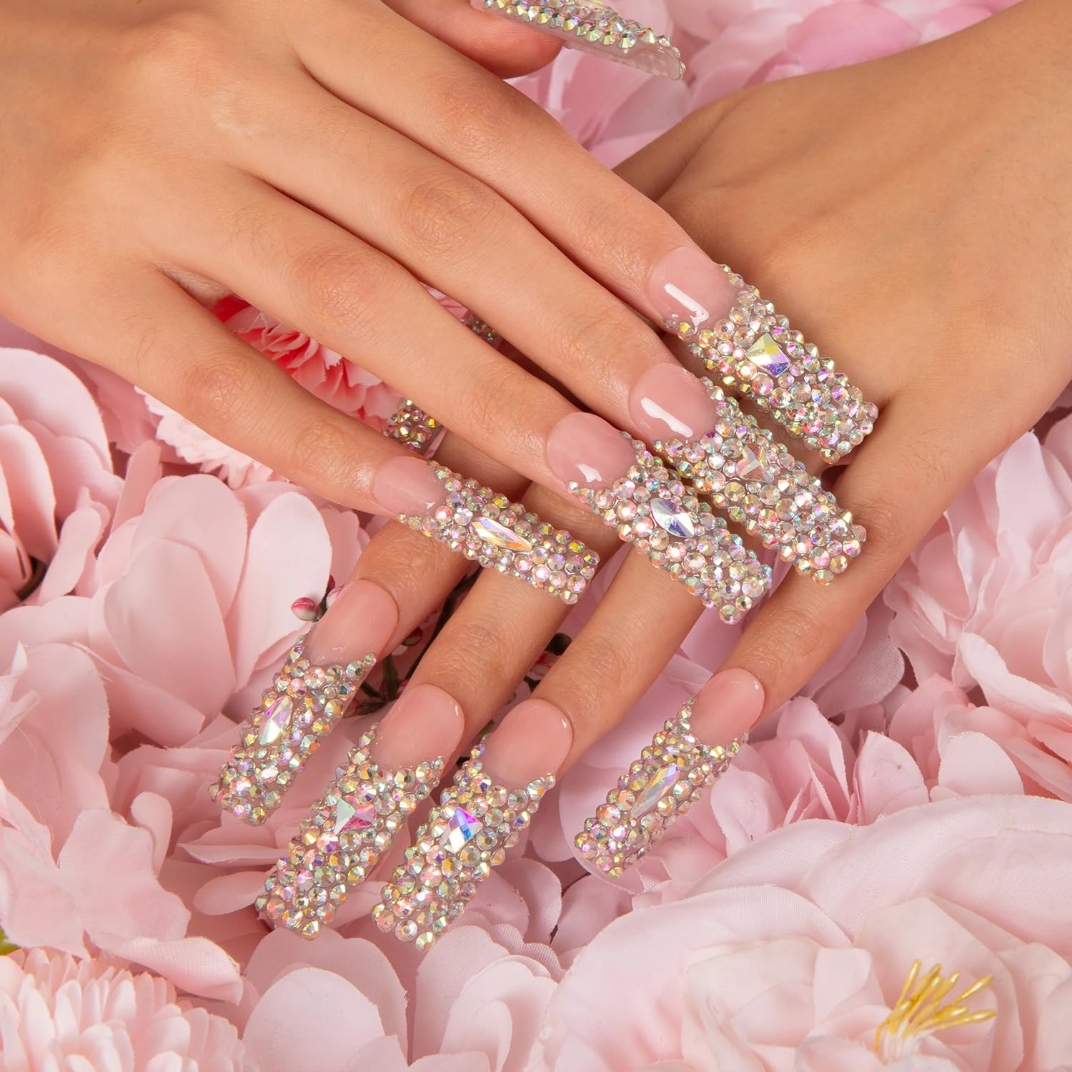 Press on Nails Angel's Tear Rhinestone | Handmade with Full Covered Crystals | Reusable Fake Nails | Square Mid length 1.7in | H48-S