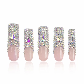 Press on Nails Angel's Tear Rhinestone | Handmade with Full Covered Crystals | Reusable Fake Nails | Square Mid length 1.7in | H48-S