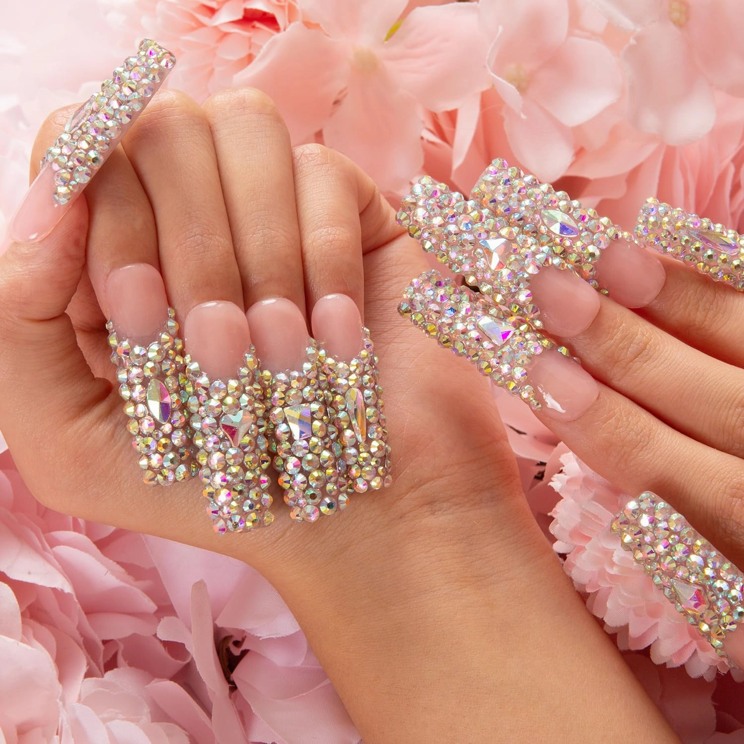 Press on Nails Angel's Tear Rhinestone | Handmade with Full Covered Crystals | Reusable Fake Nails | Square Mid length 1.7in | H48-S