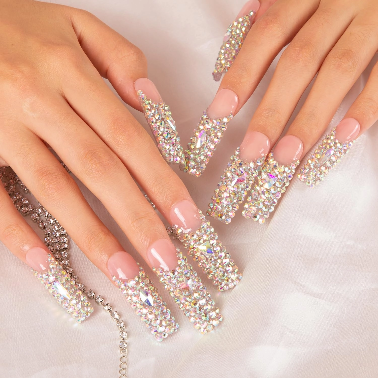 Press on Nails Angel's Tear Rhinestone | Handmade with Full Covered Crystals | Reusable Fake Nails | Square Mid length 1.7in | H48-S