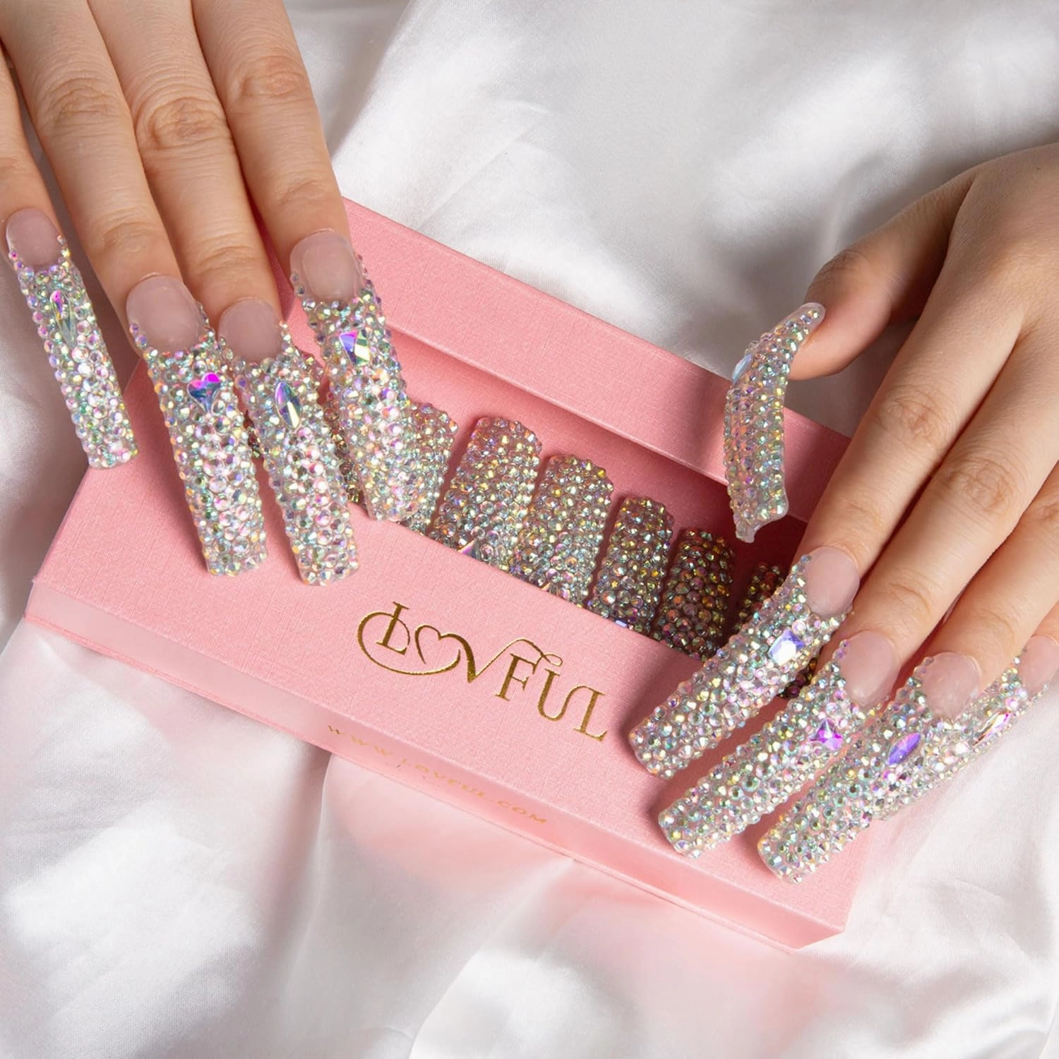 Press on Nails Angel's Tear Rhinestone | Handmade with Full Covered Crystals | Reusable Full Cover Nails | Curve Long 2.2 in | H48-L