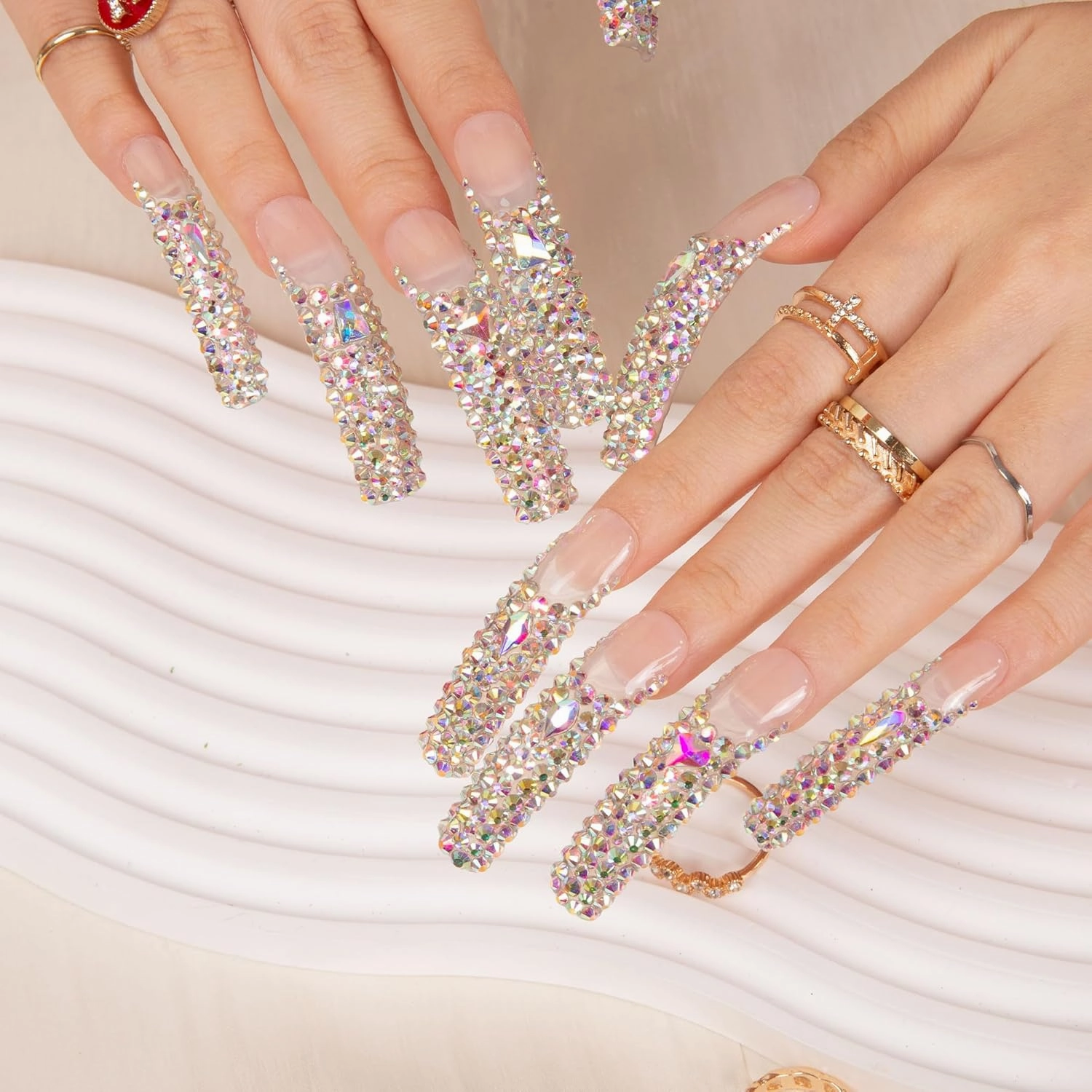 Press on Nails Angel's Tear Rhinestone | Handmade with Full Covered Crystals | Reusable Full Cover Nails | Curve Long 2.2 in | H48-L