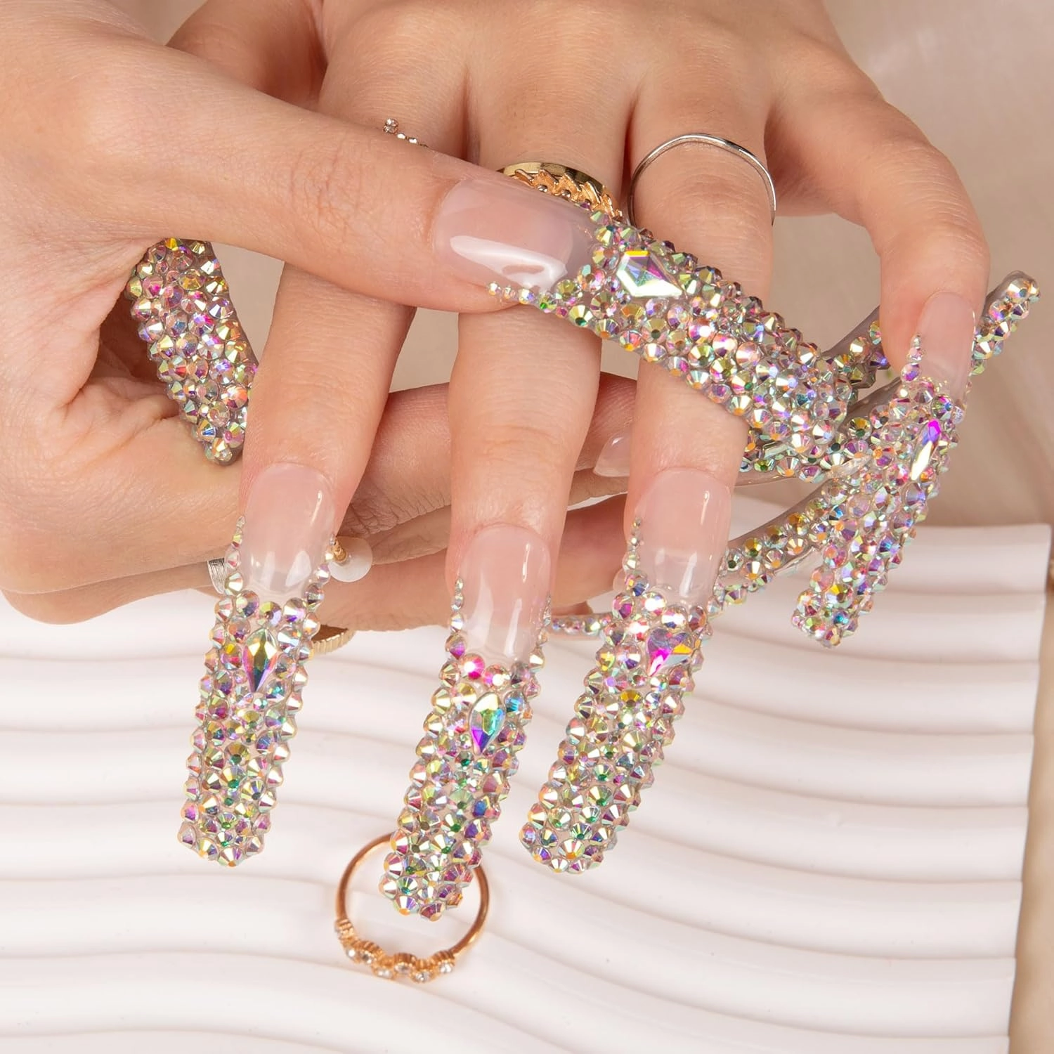 Press on Nails Angel's Tear Rhinestone | Handmade with Full Covered Crystals | Reusable Full Cover Nails | Curve Long 2.2 in | H48-L