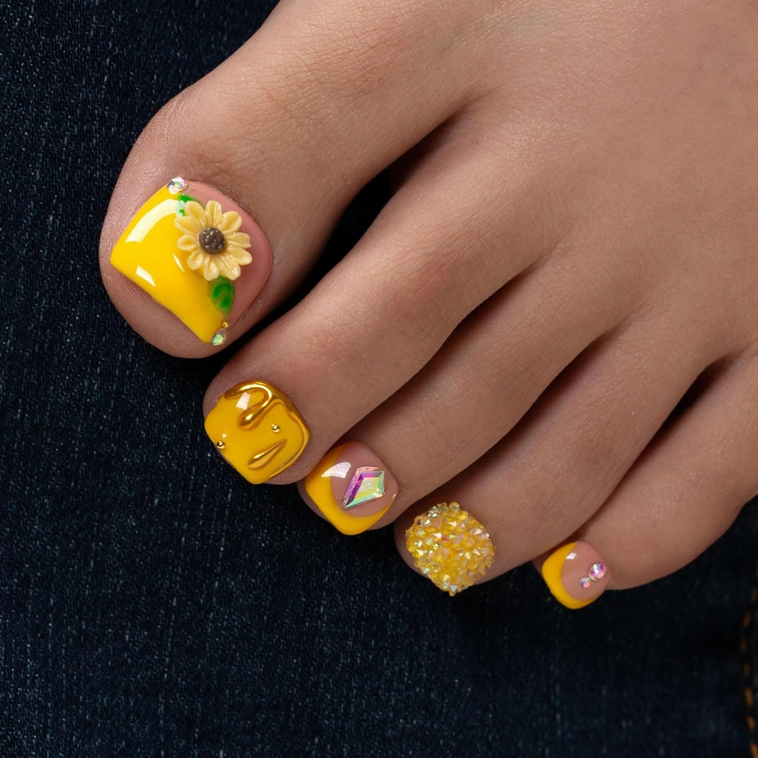 Press on Toenails Honey Bee Yellow | 20 PCS Free Size Toe Nails | Reusable Fake Nails for Toe | T101