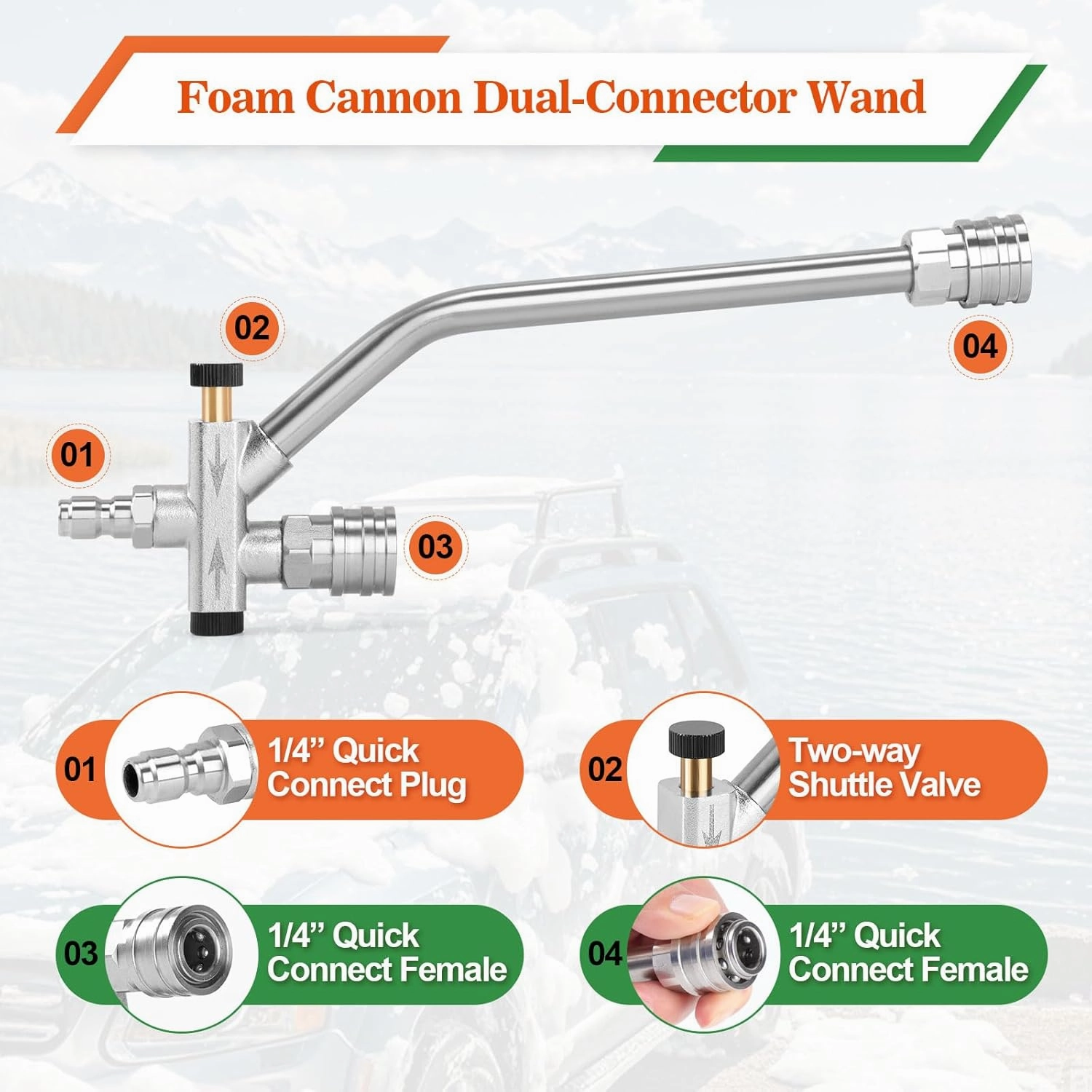 Pressure Washer Foam Soap Cannon Dual Connector Accessory - Power Wand With 5 Nozzle Tips and 1/4" Quick Connect for Car Wash - 5000PSI