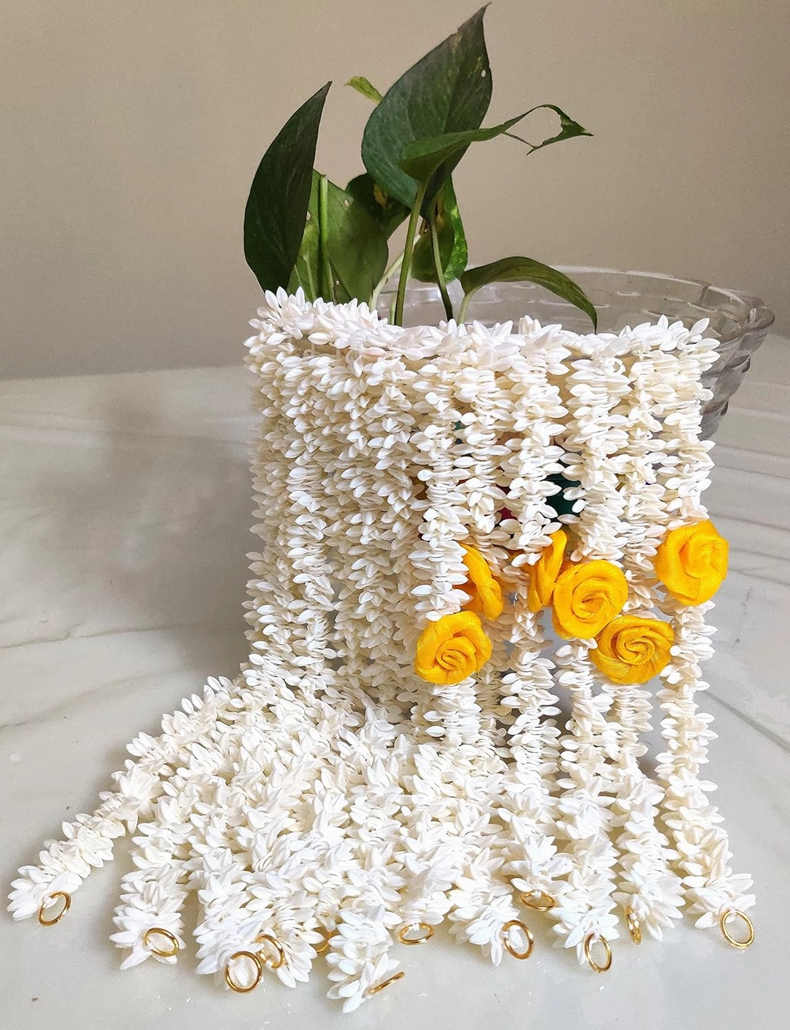 Pretty Charming Gajra/Jasmine Garland Mala with Real Jasmine fragrance for women, used as hair accessories set of 12, 6 yellow flower and 6 white, with a surprise freebie