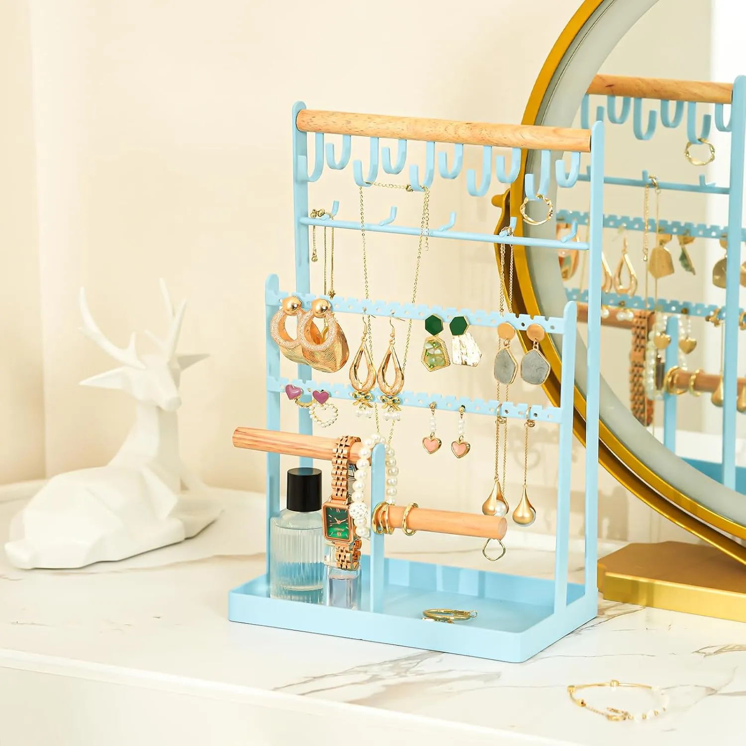 ProCase Jewelry Organizer Stand Necklace Organizer Earring Holder, 6 Tier Jewelry Stand Necklace Holder with 15 Hooks, Jewelry Tower Display Rack Storage Tree for Bracelets Earrings Rings -Blue