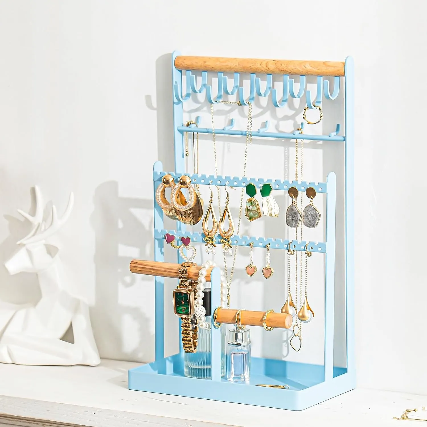ProCase Jewelry Organizer Stand Necklace Organizer Earring Holder, 6 Tier Jewelry Stand Necklace Holder with 15 Hooks, Jewelry Tower Display Rack Storage Tree for Bracelets Earrings Rings -Blue