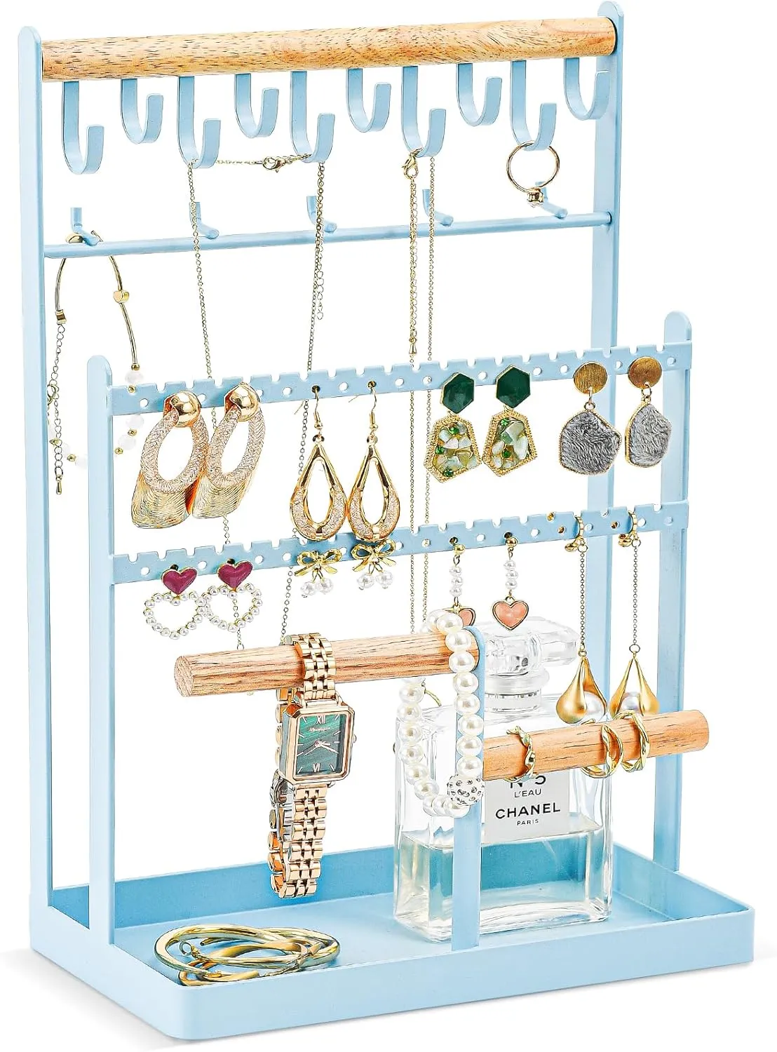 ProCase Jewelry Organizer Stand Necklace Organizer Earring Holder, 6 Tier Jewelry Stand Necklace Holder with 15 Hooks, Jewelry Tower Display Rack Storage Tree for Bracelets Earrings Rings -Blue