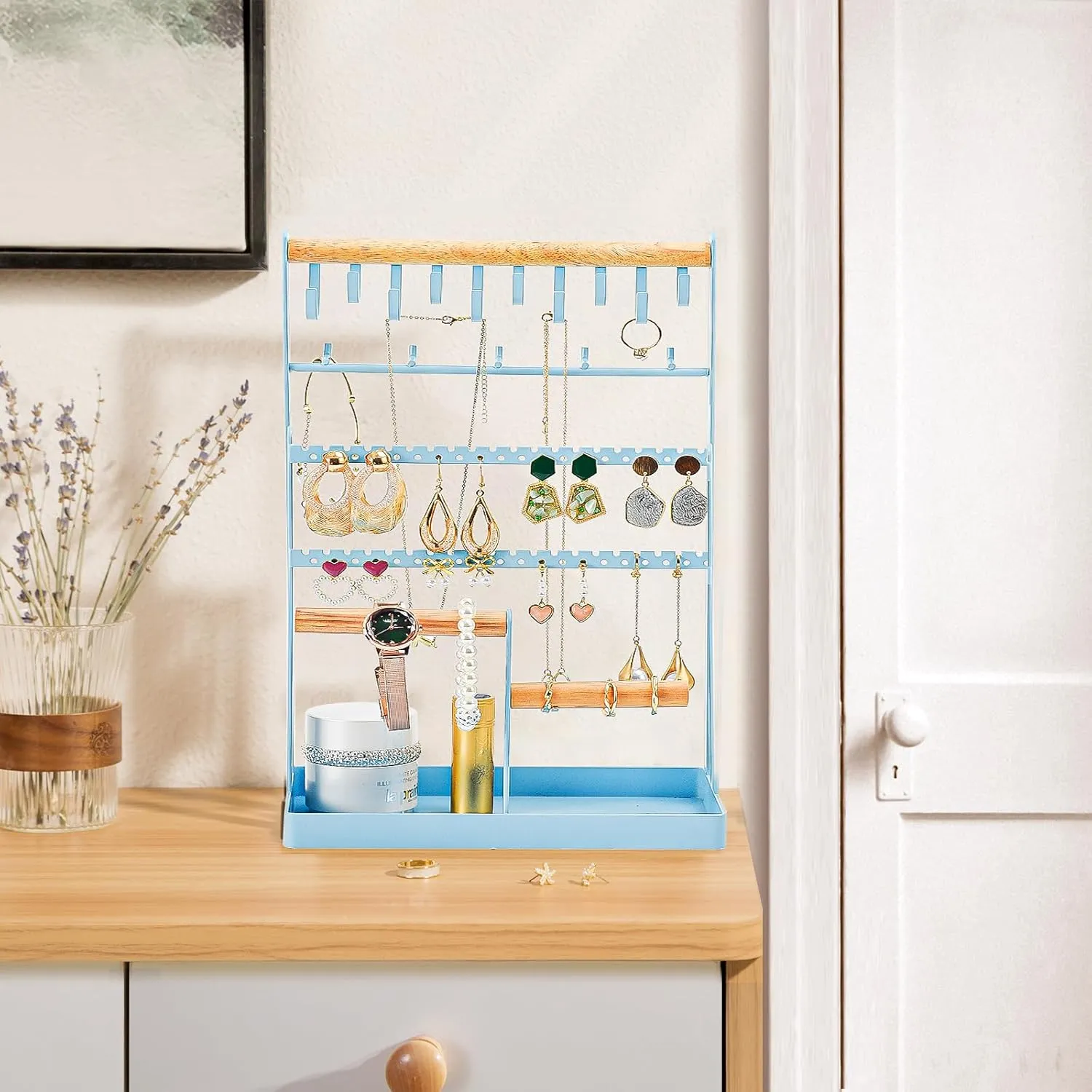 ProCase Jewelry Organizer Stand Necklace Organizer Earring Holder, 6 Tier Jewelry Stand Necklace Holder with 15 Hooks, Jewelry Tower Display Rack Storage Tree for Bracelets Earrings Rings -Blue