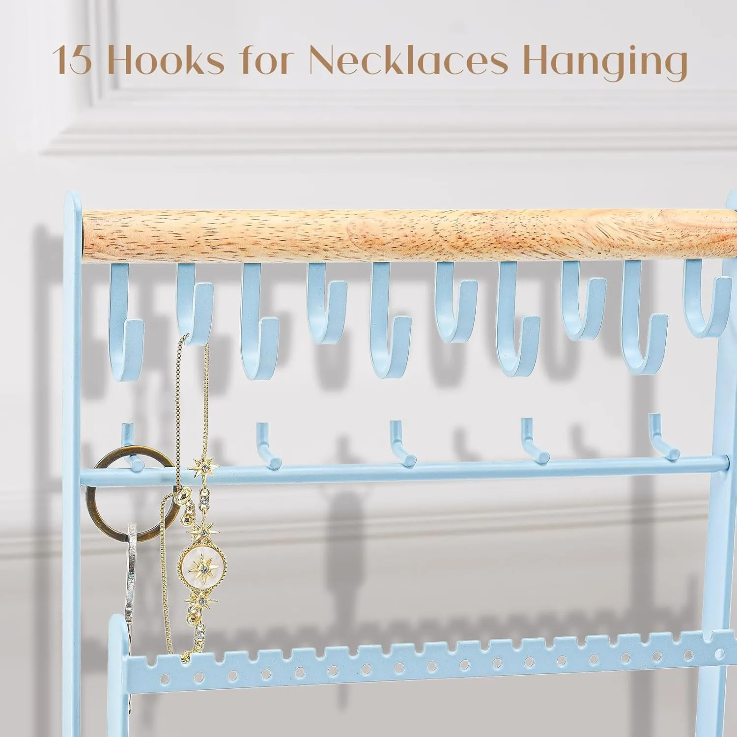 ProCase Jewelry Organizer Stand Necklace Organizer Earring Holder, 6 Tier Jewelry Stand Necklace Holder with 15 Hooks, Jewelry Tower Display Rack Storage Tree for Bracelets Earrings Rings -Blue