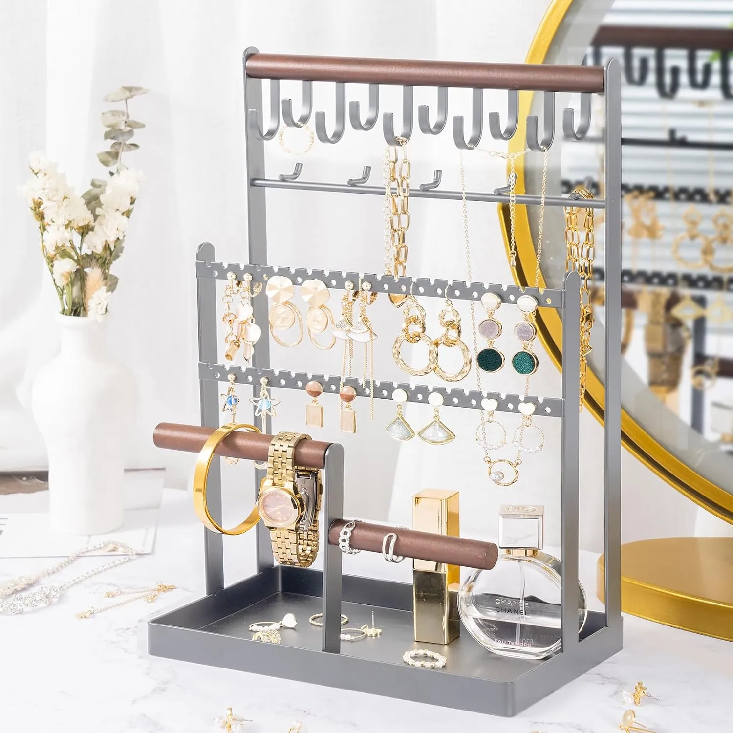 ProCase Jewelry Organizer Stand Necklace Organizer Earring Holder, 6 Tier Jewelry Stand Necklace Holder with 15 Hooks, Jewelry Tower Display Rack Storage Tree for Bracelets Earrings Rings -Grey