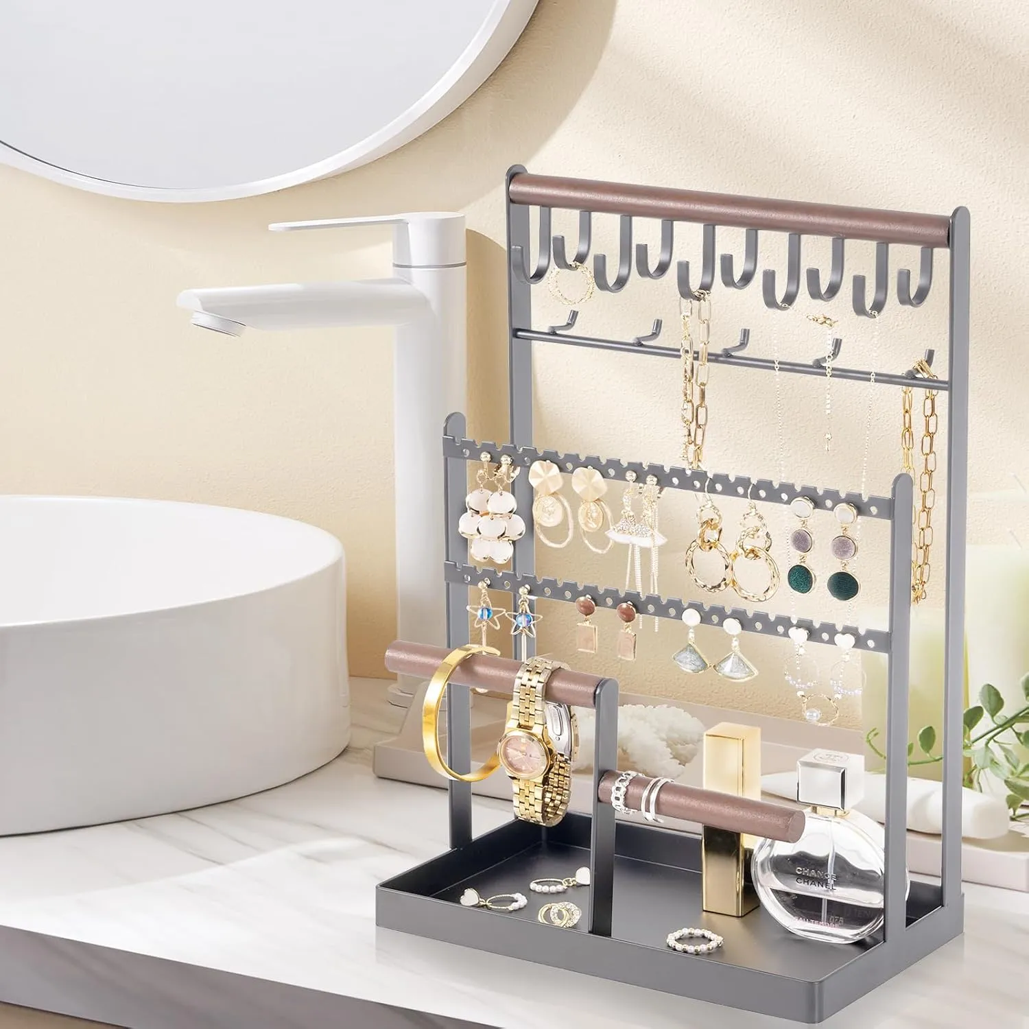 ProCase Jewelry Organizer Stand Necklace Organizer Earring Holder, 6 Tier Jewelry Stand Necklace Holder with 15 Hooks, Jewelry Tower Display Rack Storage Tree for Bracelets Earrings Rings -Grey